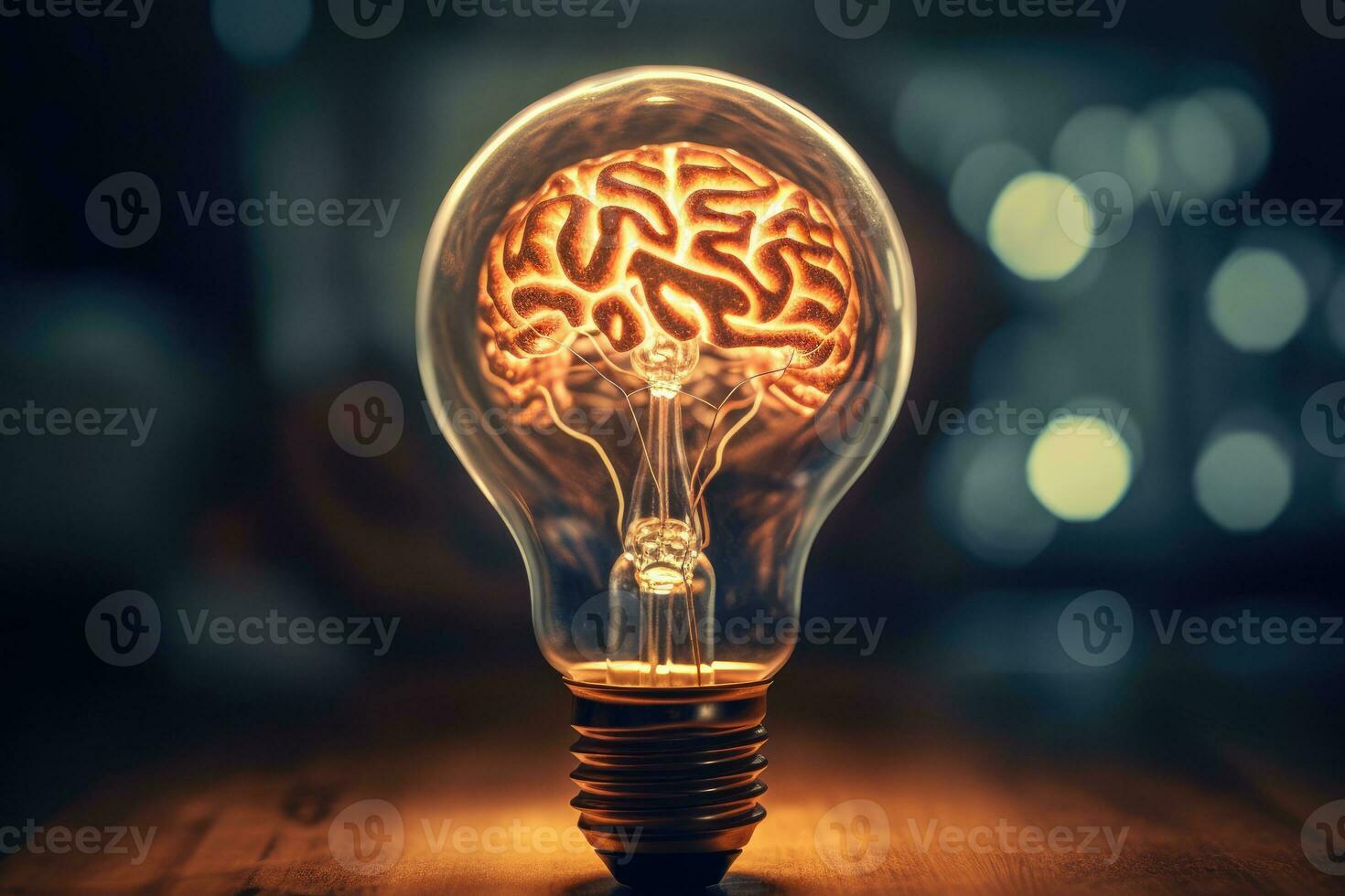 cerca - arriba foto vitrinas el concepto de un creativo idea mediante el visual representación de un cerebro y un ligero bulbo. generativo ai