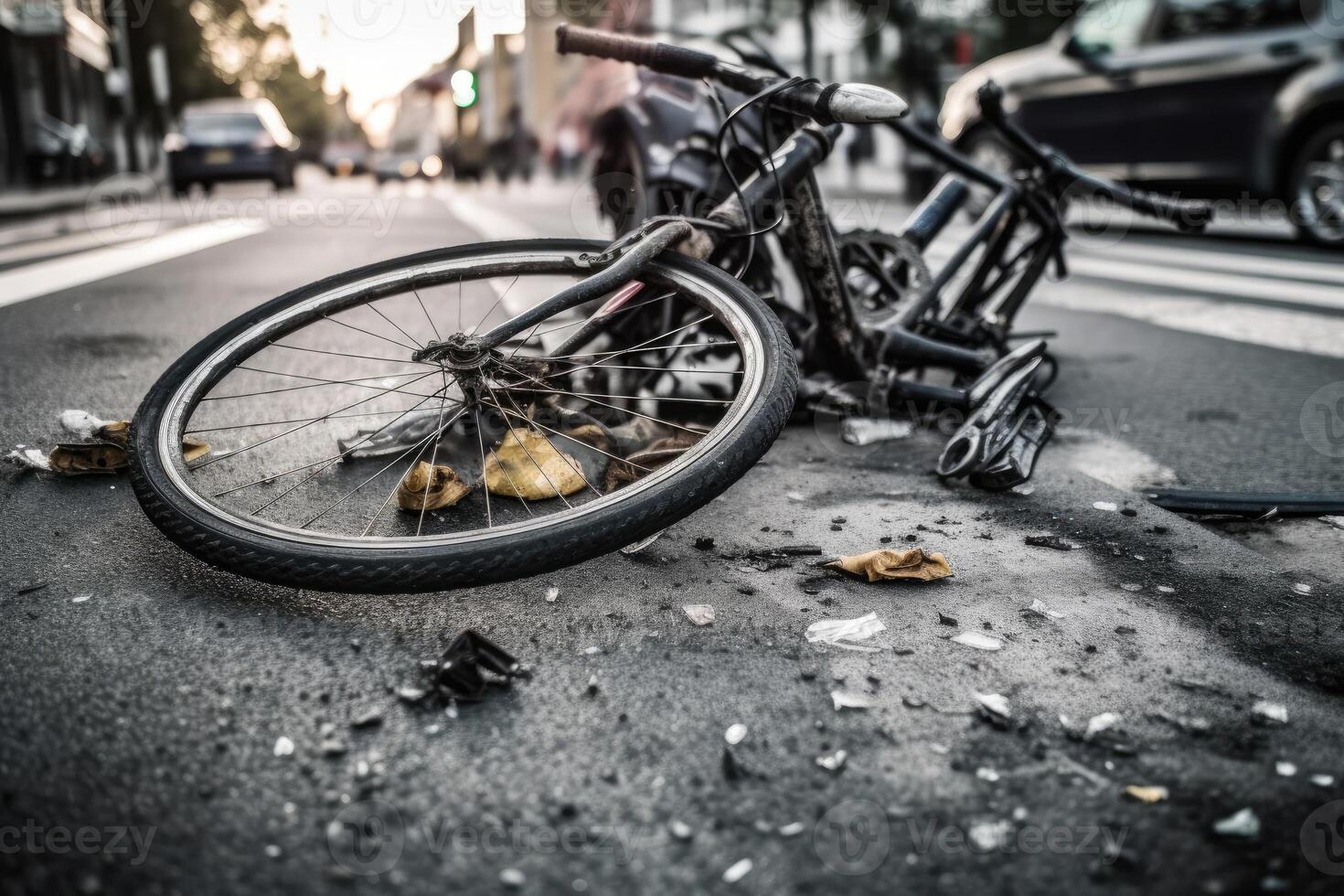 un imagen por capturar el secuelas de un bicicleta choque en un ciudad la carretera. generativo ai foto