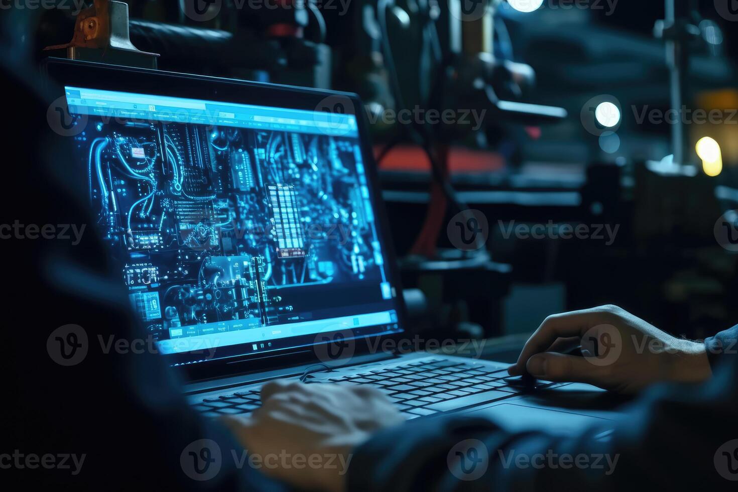 The skilled work of an automotive mechanical technician by capturing a close - up view of computer diagnostics in a garage. photo