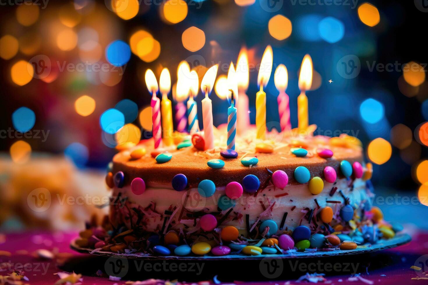 Close - up photo of a birthday celebration with a beautifully decorated cake, colorful candles. Generative AI