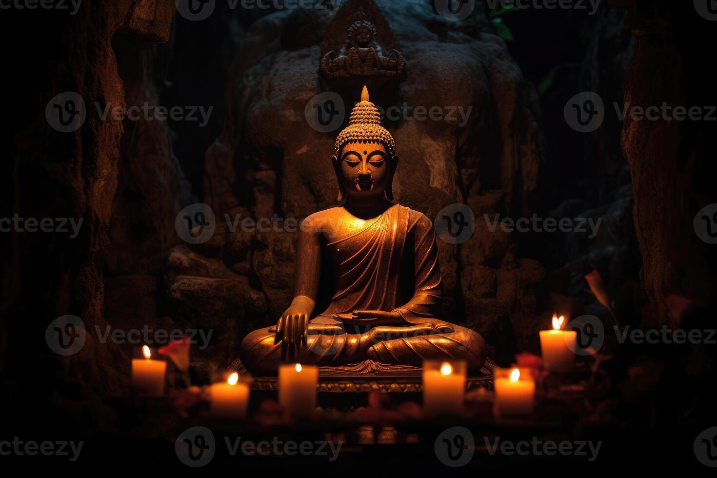 In this powerful image, a Buddha statue sits gracefully in a lotus pose, radiating a sense of calm and tranquility. photo