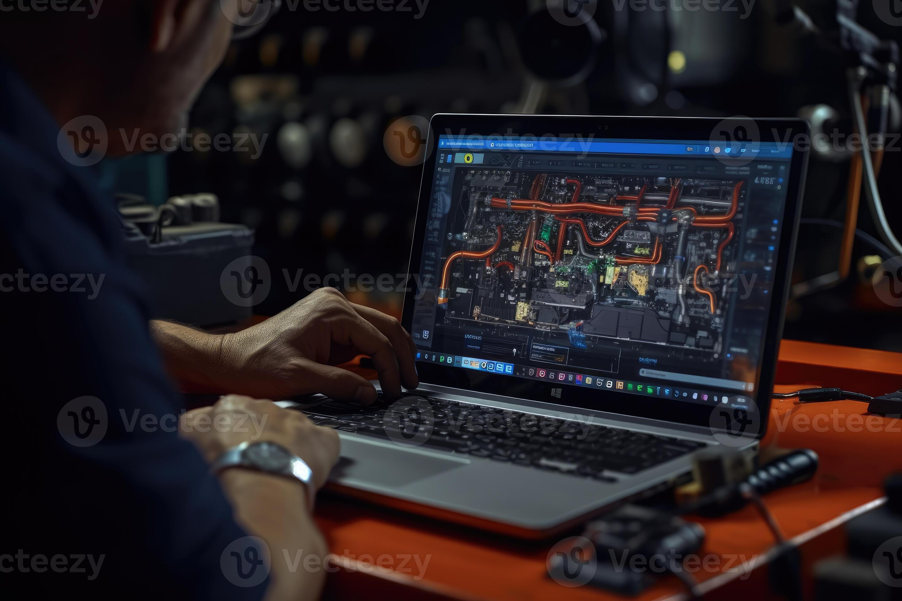 The skilled work of an automotive mechanical technician by capturing a close up view of