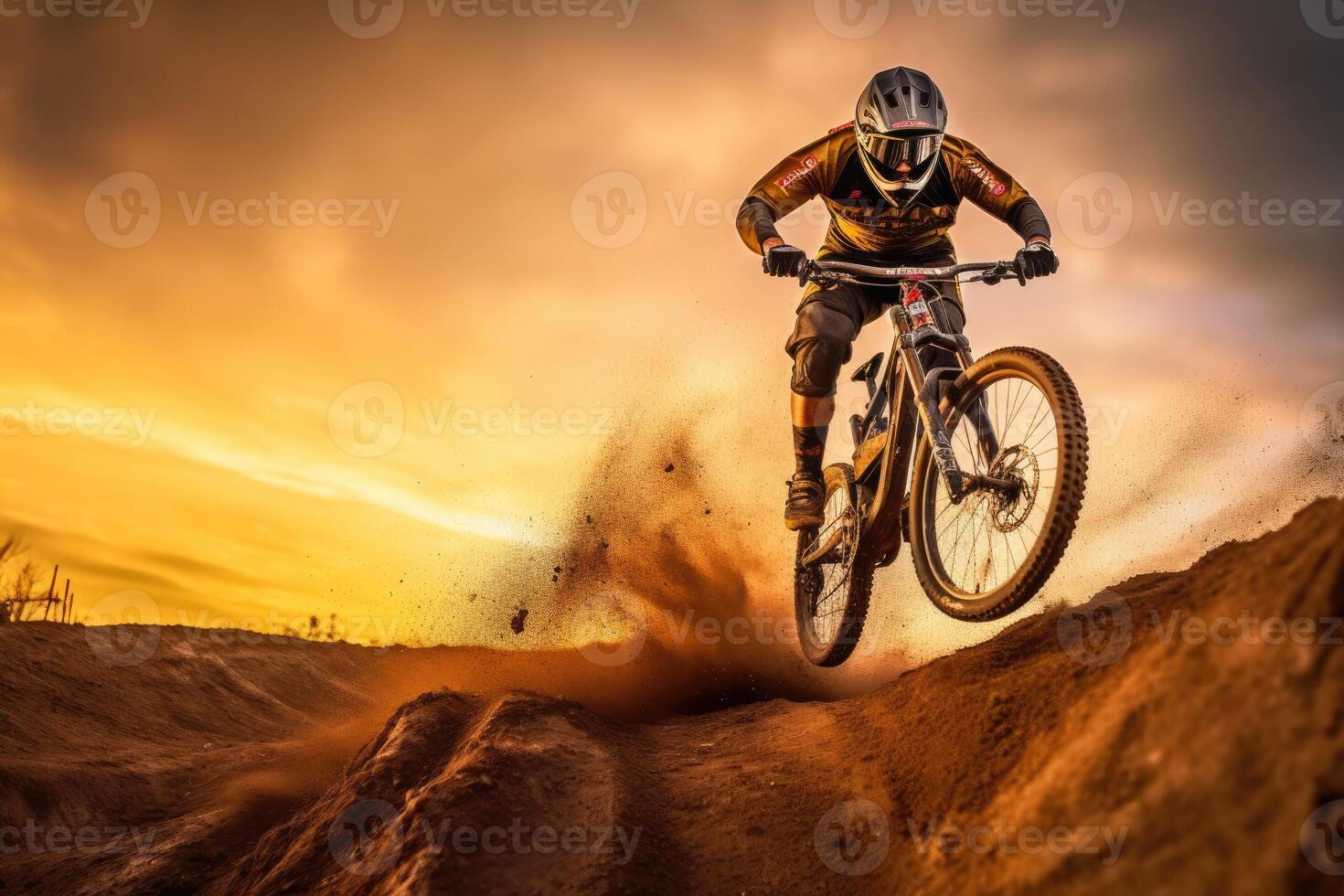 A close - up view of the silhouette of a man on a bike jumping in the golden sunset. photo