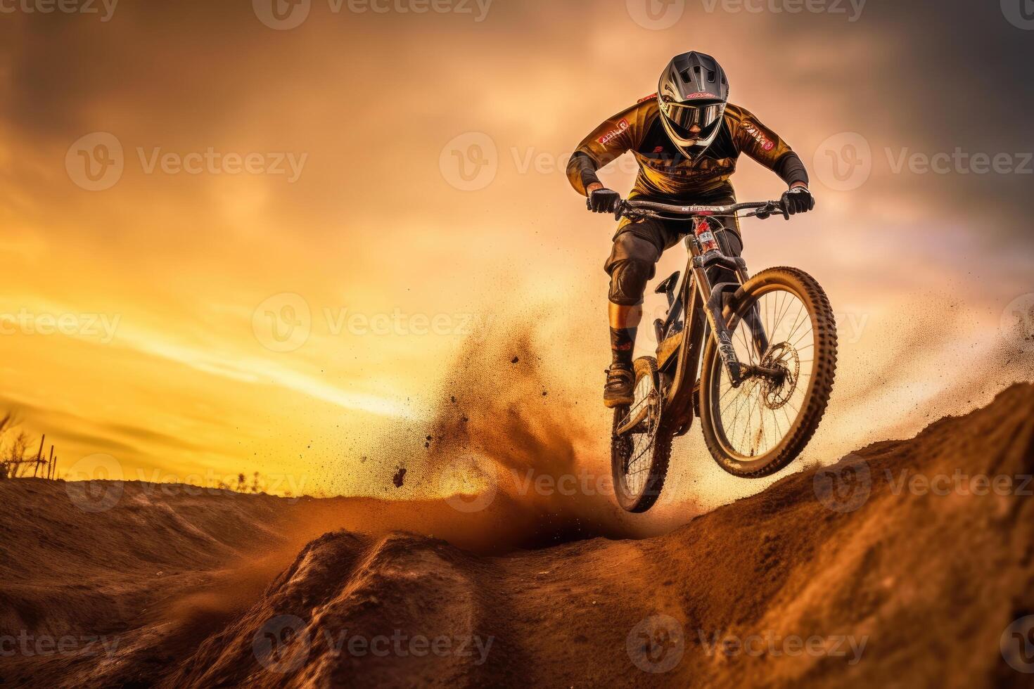 A close - up view of the silhouette of a man on a bike jumping in the golden sunset. Generative AI photo