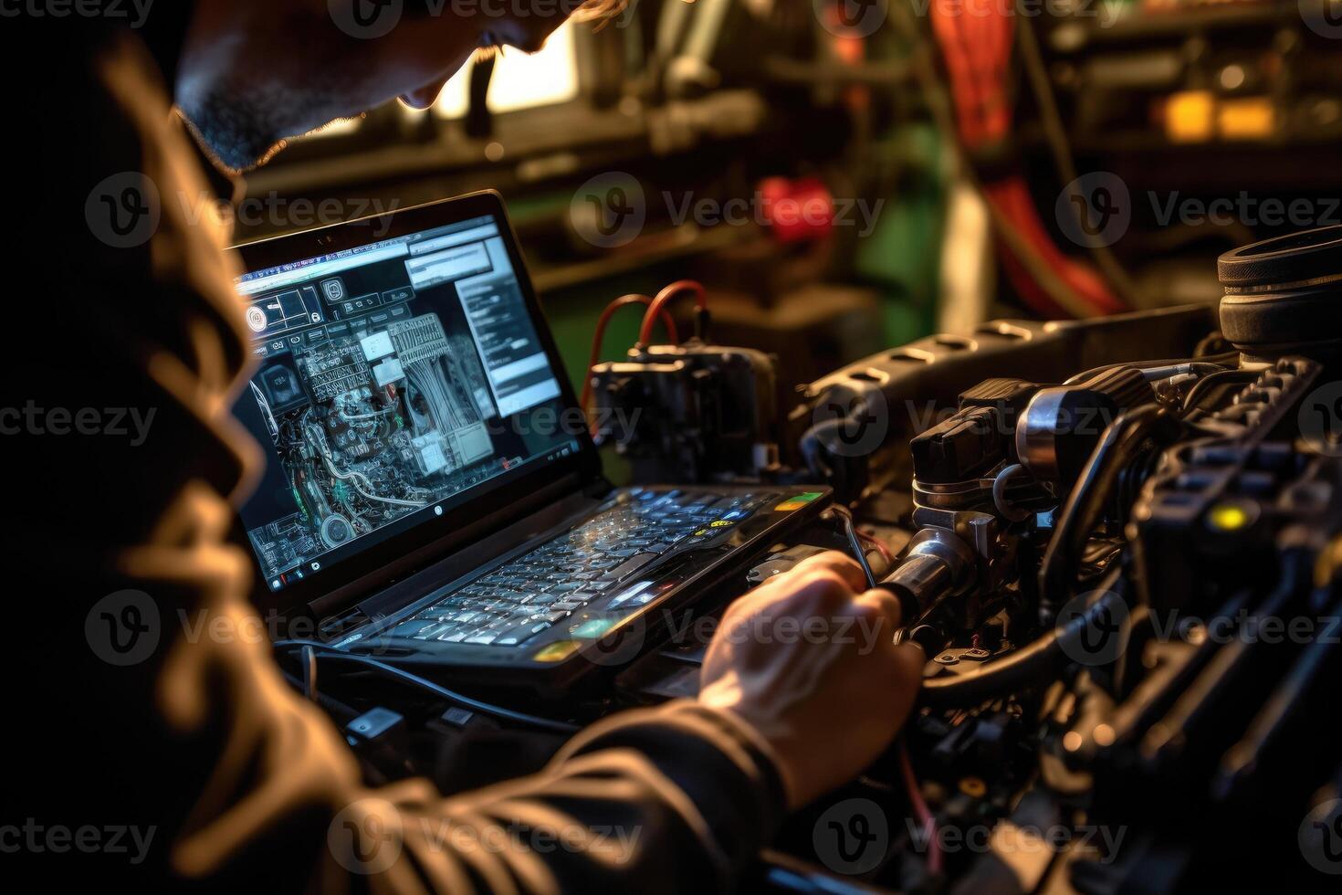 The skilled work of an automotive mechanical technician by capturing a close - up view of computer diagnostics in a garage. photo