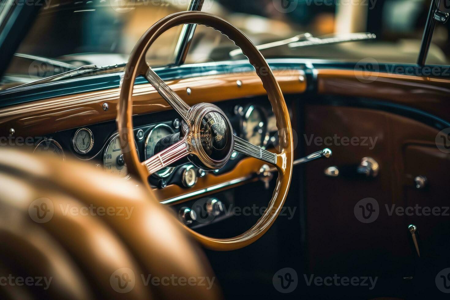 The opulence and refinement of a luxury classic car by taking a close - up view of its interior. Generative AI photo