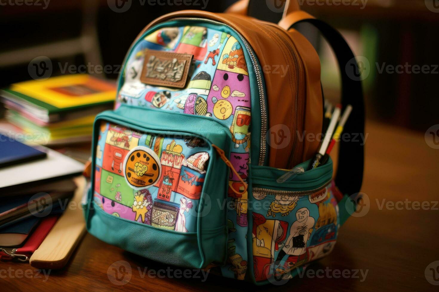 The different textures and colors of the backpacks worn by a group of multicultural children. Generative AI photo