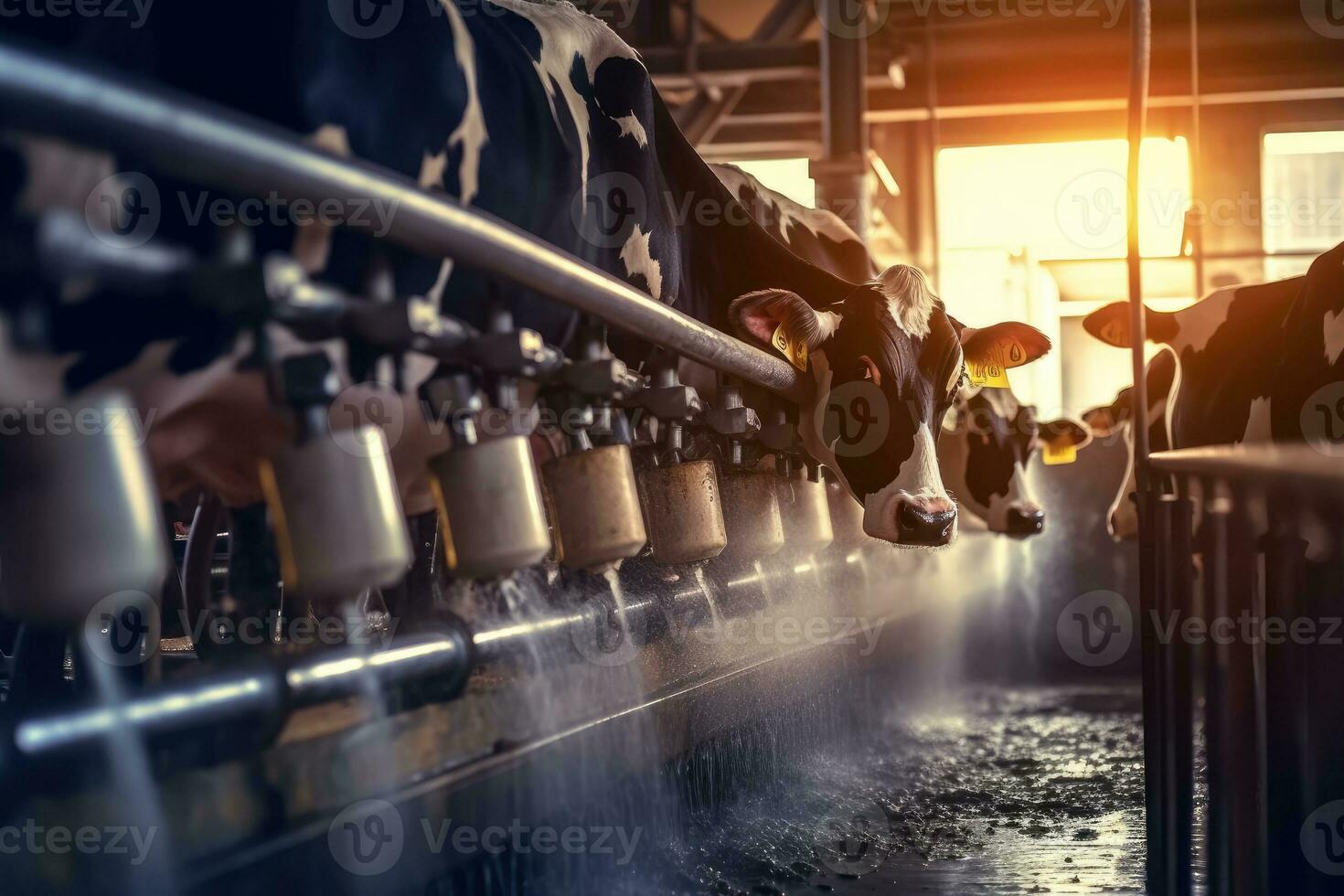 A close-up view of cows during the milking process. Generative AI photo