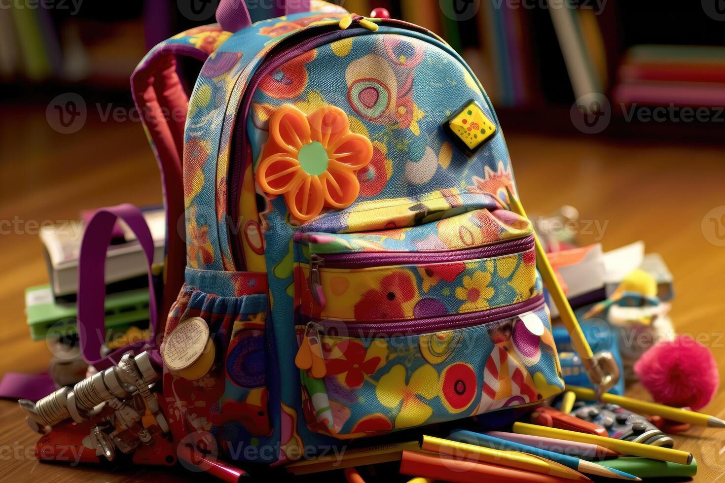 The different textures and colors of the backpacks worn by a group of multicultural children. photo