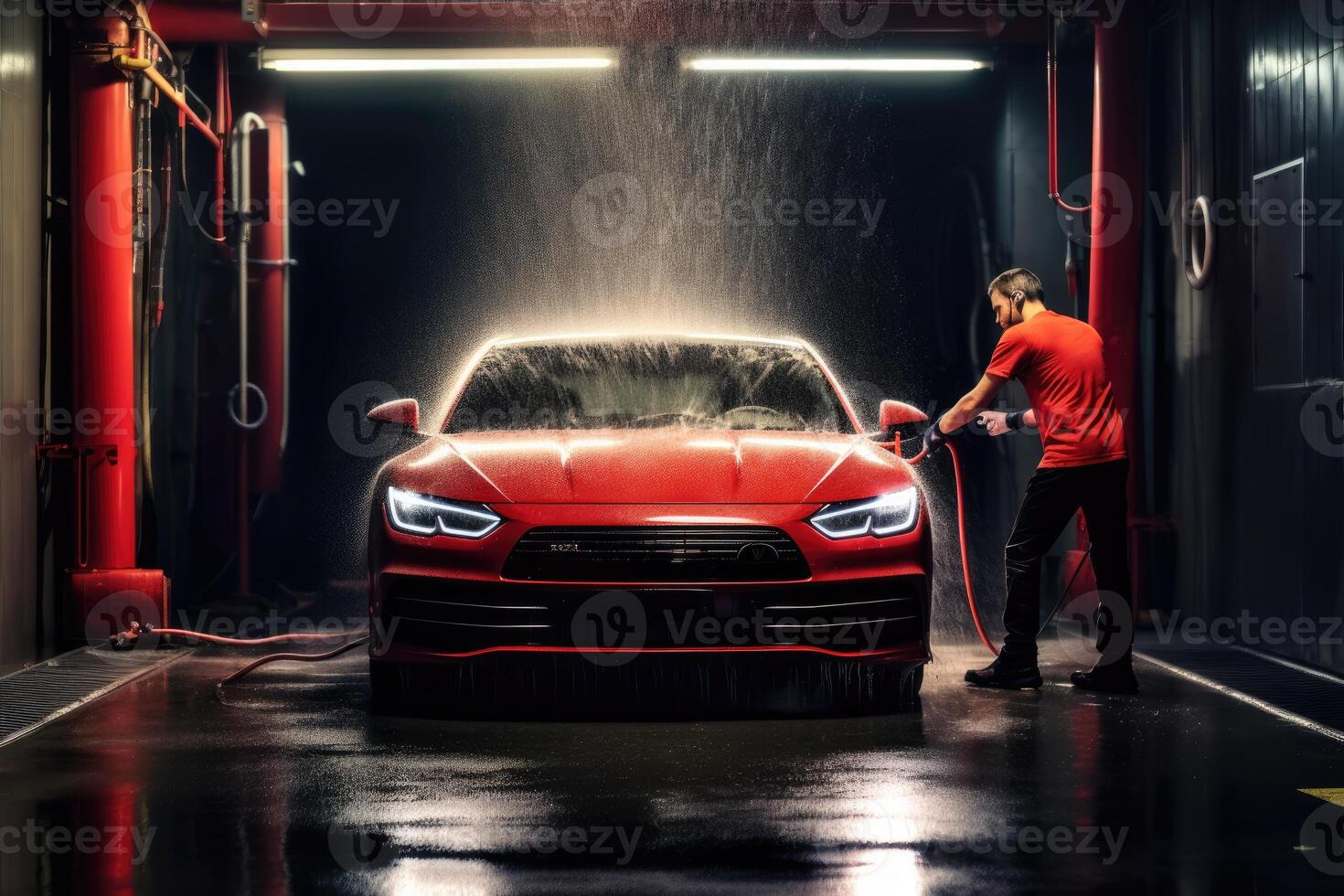 Professional car washing photo. Adult car washer in uniform using a high - pressure cleaner to clean a performance car in a dark room. photo
