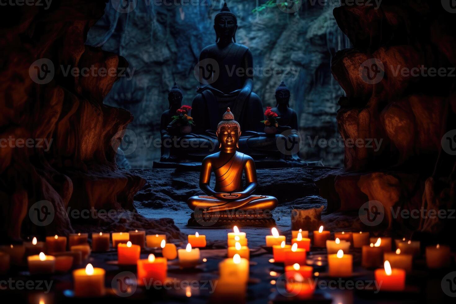 In this powerful image, a Buddha statue sits gracefully in a lotus pose, radiating a sense of calm and tranquility. photo