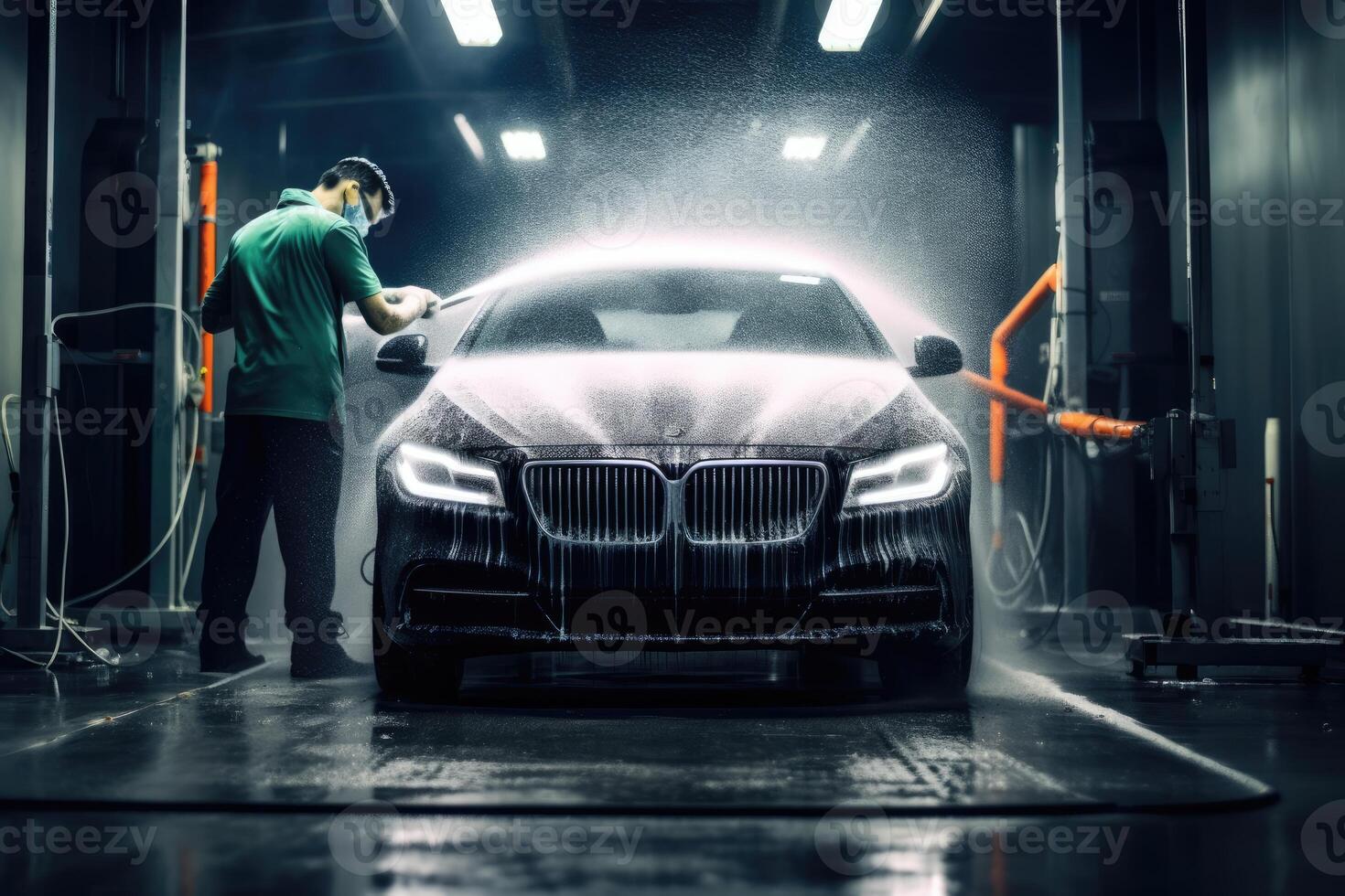 Professional car washing photo. Adult car washer in uniform using a high - pressure cleaner to clean a performance car in a dark room. photo