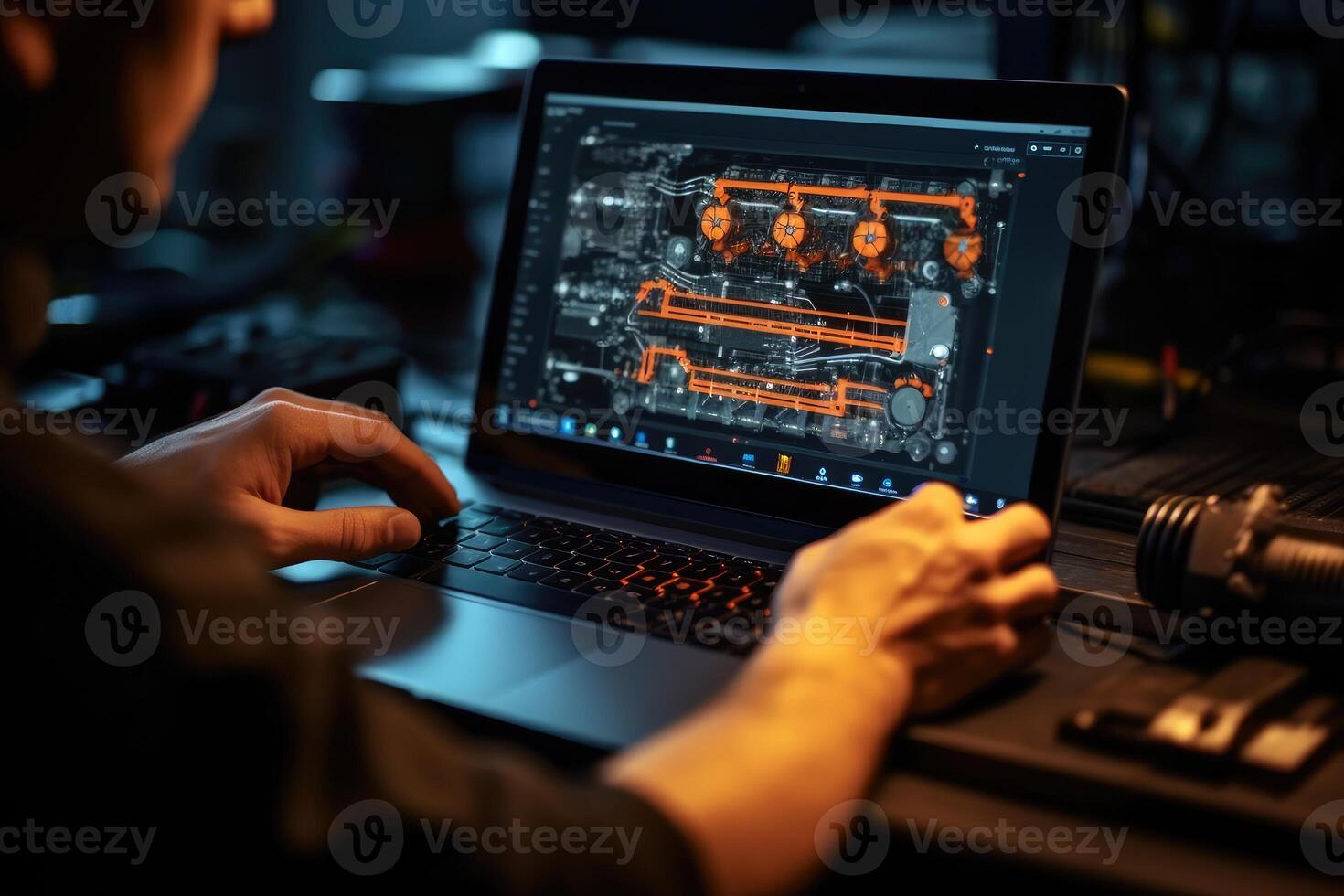 The skilled work of an automotive mechanical technician by capturing a close up view of