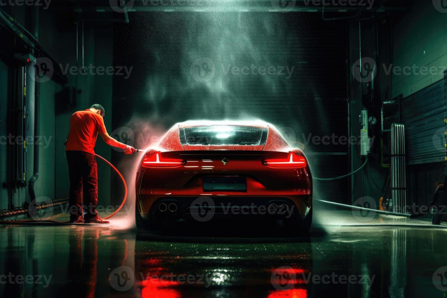 Professional car washing photo. Adult car washer in uniform using a high - pressure cleaner to clean a performance car in a dark room. photo
