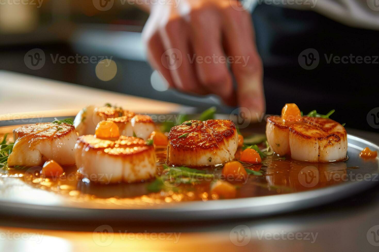 A gourmet chef as he carefully plates a dish of seared scallops with a vibrant citrus sauce. Generative AI photo