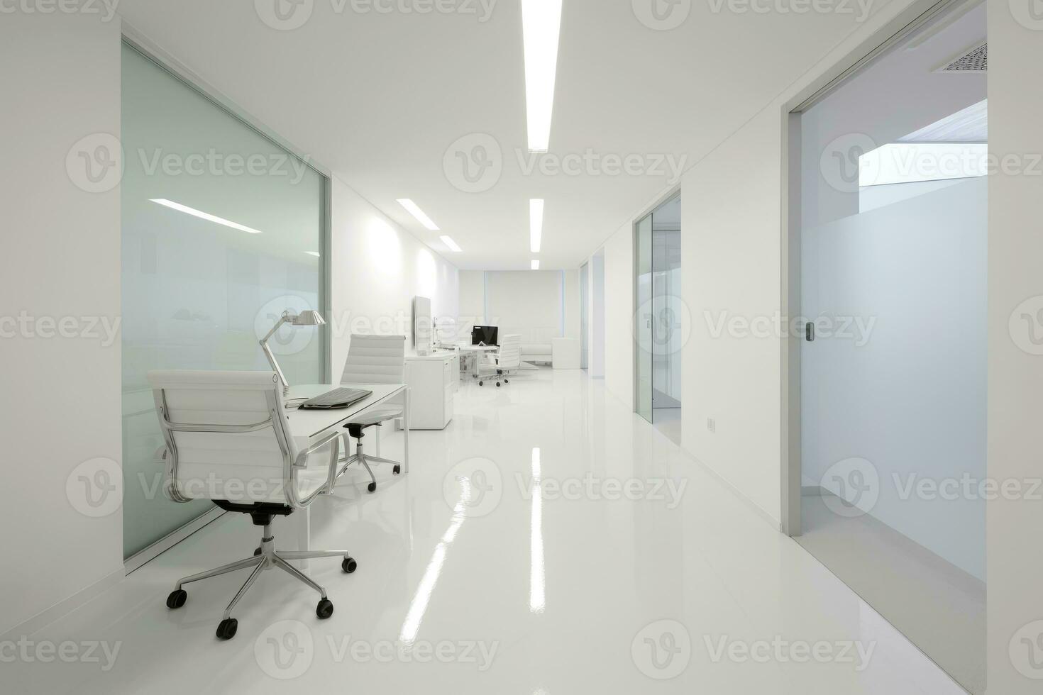 The blurred photo of the white office interior. Generative AI