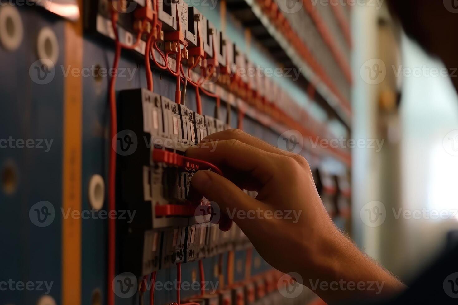 An engineer repairs a control panel with complex electrical wiring. photo