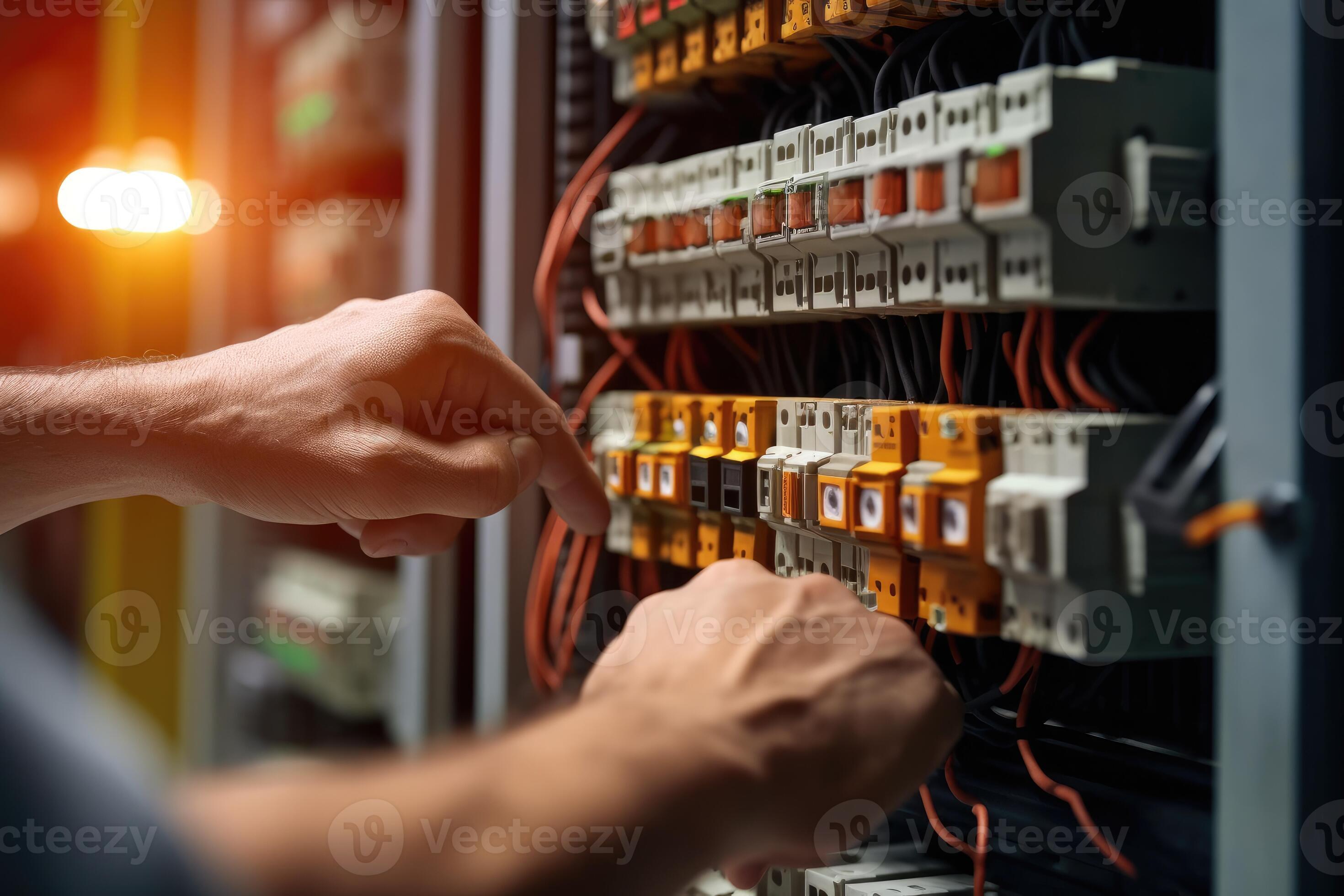 An engineer repairs a control panel with complex electrical wiring