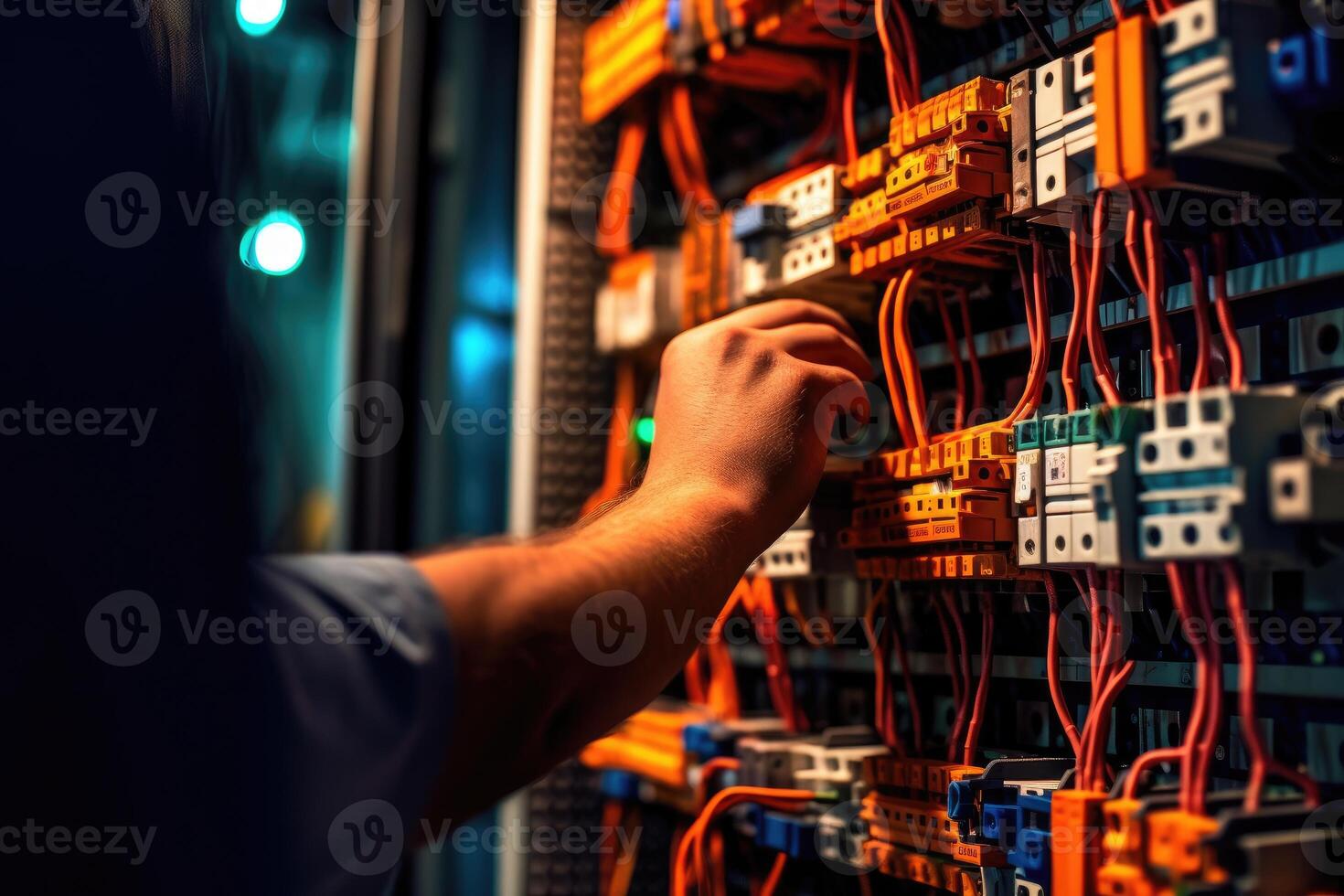 An engineer repairs a control panel with complex electrical wiring. photo