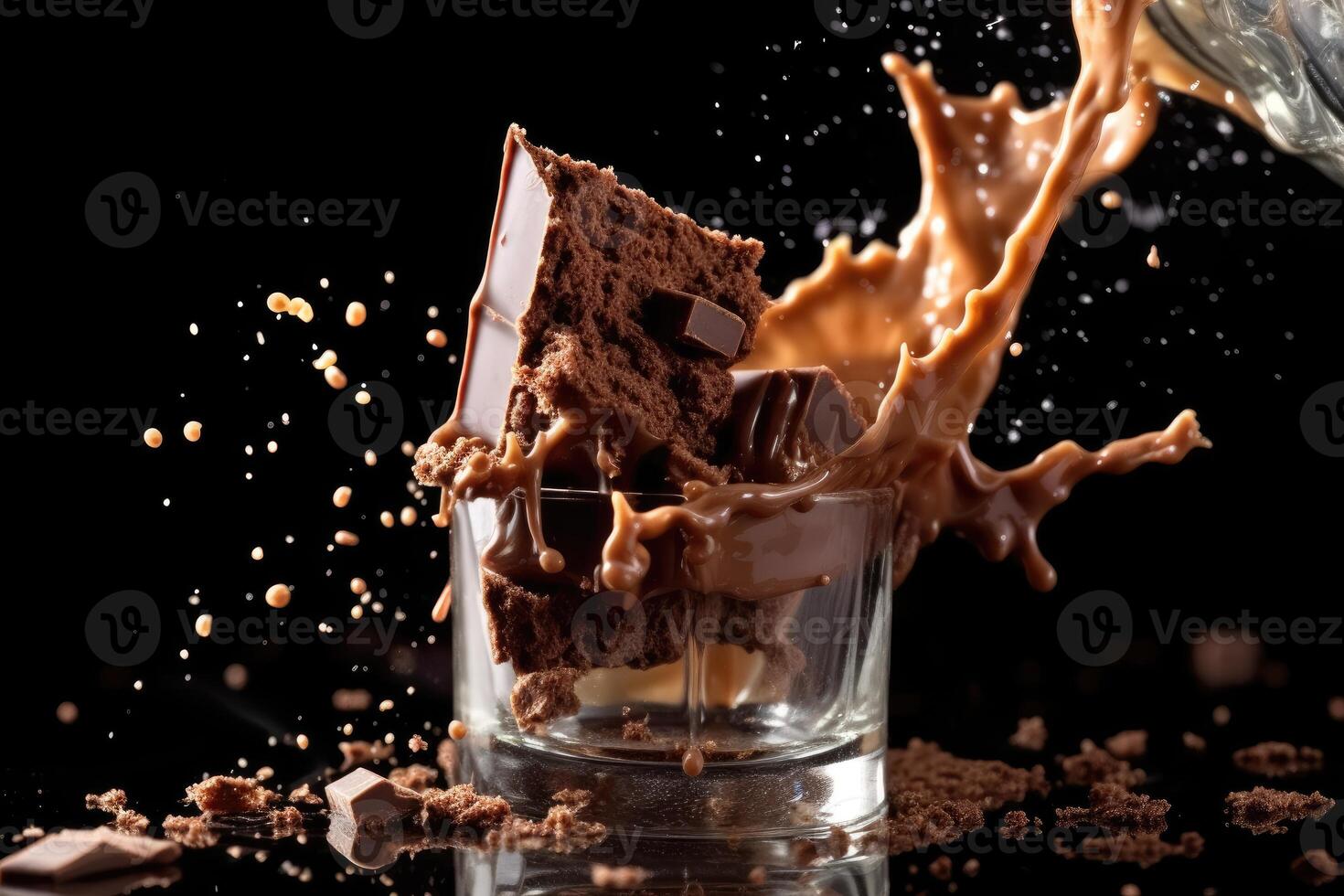 A close - up shot of a spoonful of chocolate syrup being drizzled into a glass of milk, creating a swirl of chocolate in the air. photo