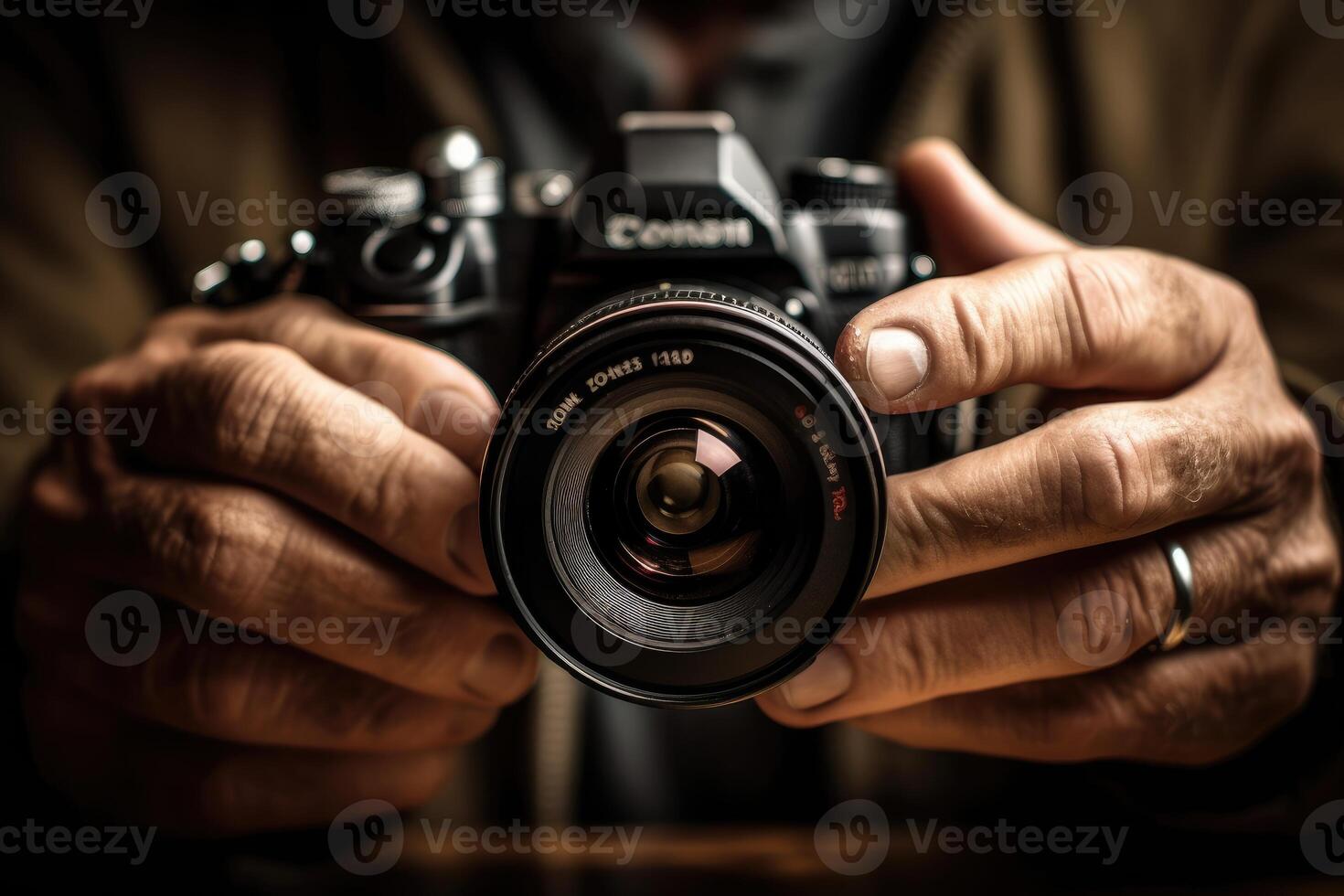 Close - up view of a professional photographer's hands, showcasing the intricate controls and settings of a camera. photo