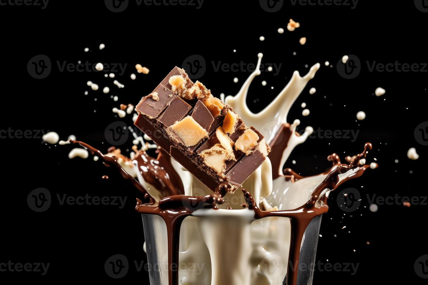 A close - up shot of a spoonful of chocolate syrup being drizzled into a glass of milk, creating a swirl of chocolate in the air. photo
