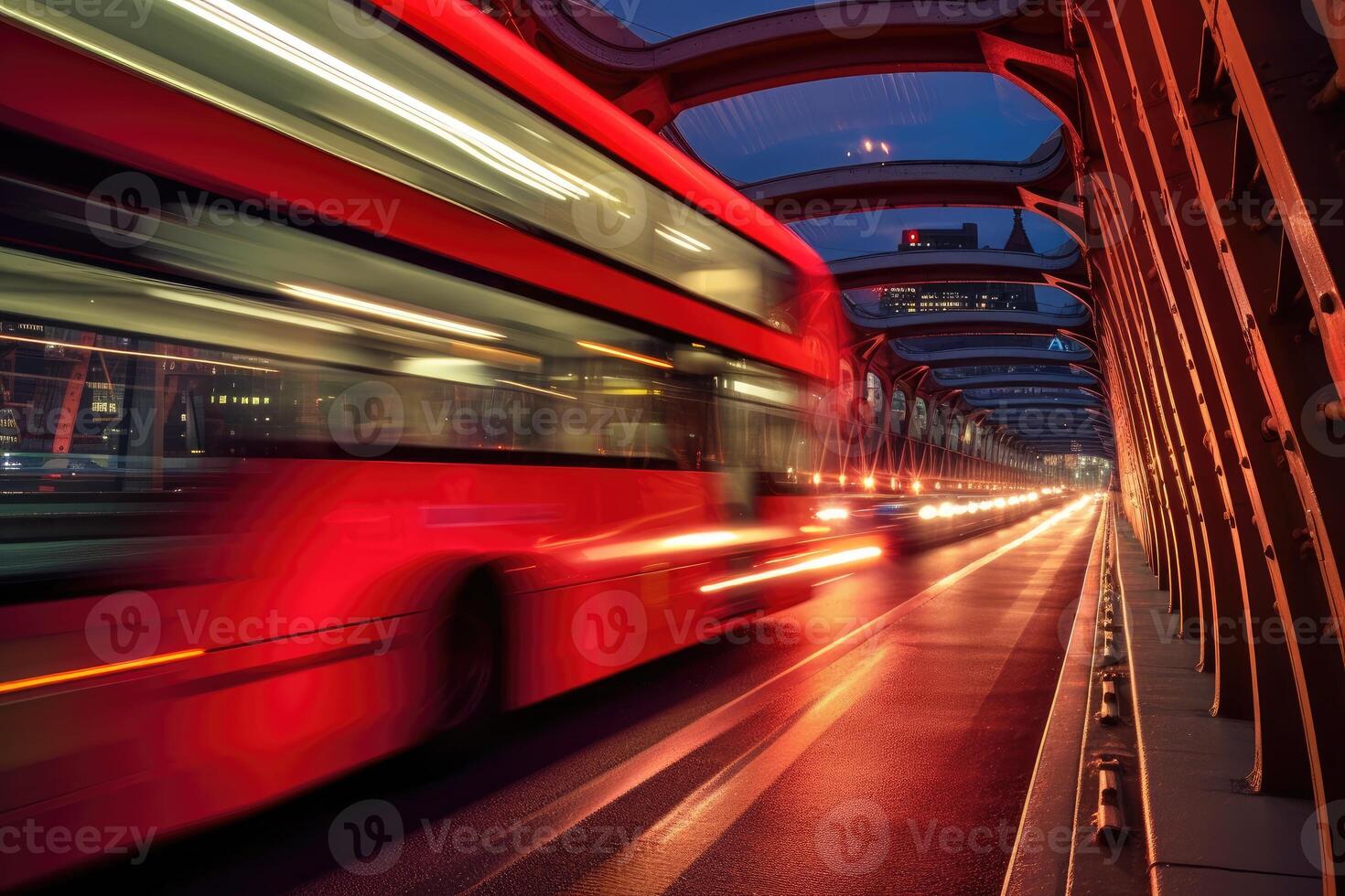 Close - up shot, charm of London at night as a red double - decker bus gracefully crosses. Generative AI photo