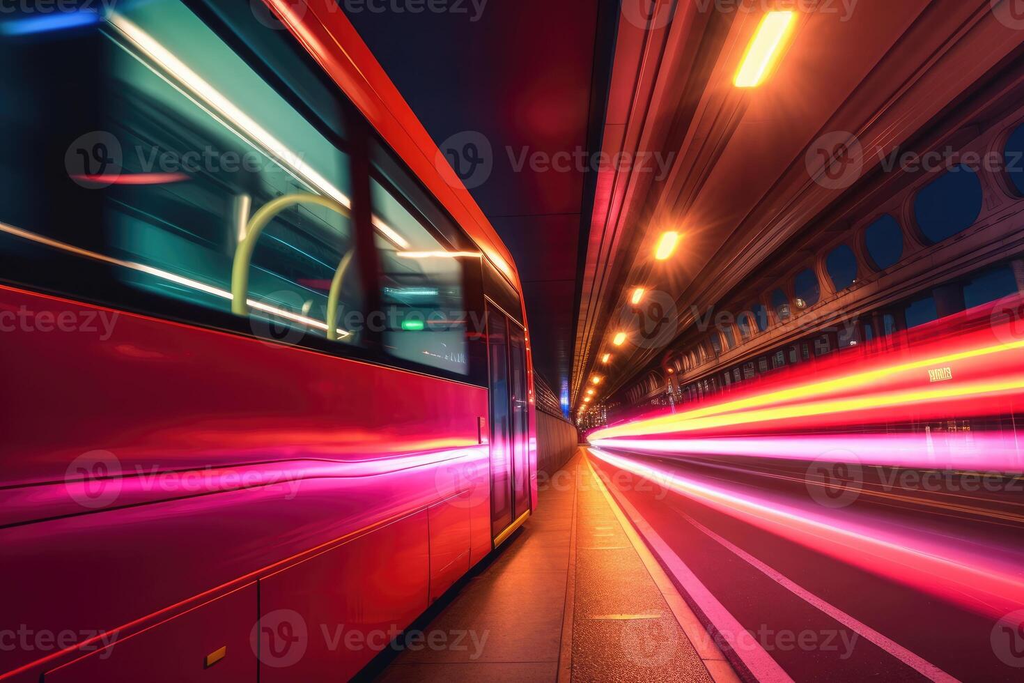 Close - up shot, charm of London at night as a red double - decker bus gracefully crosses. Generative AI photo