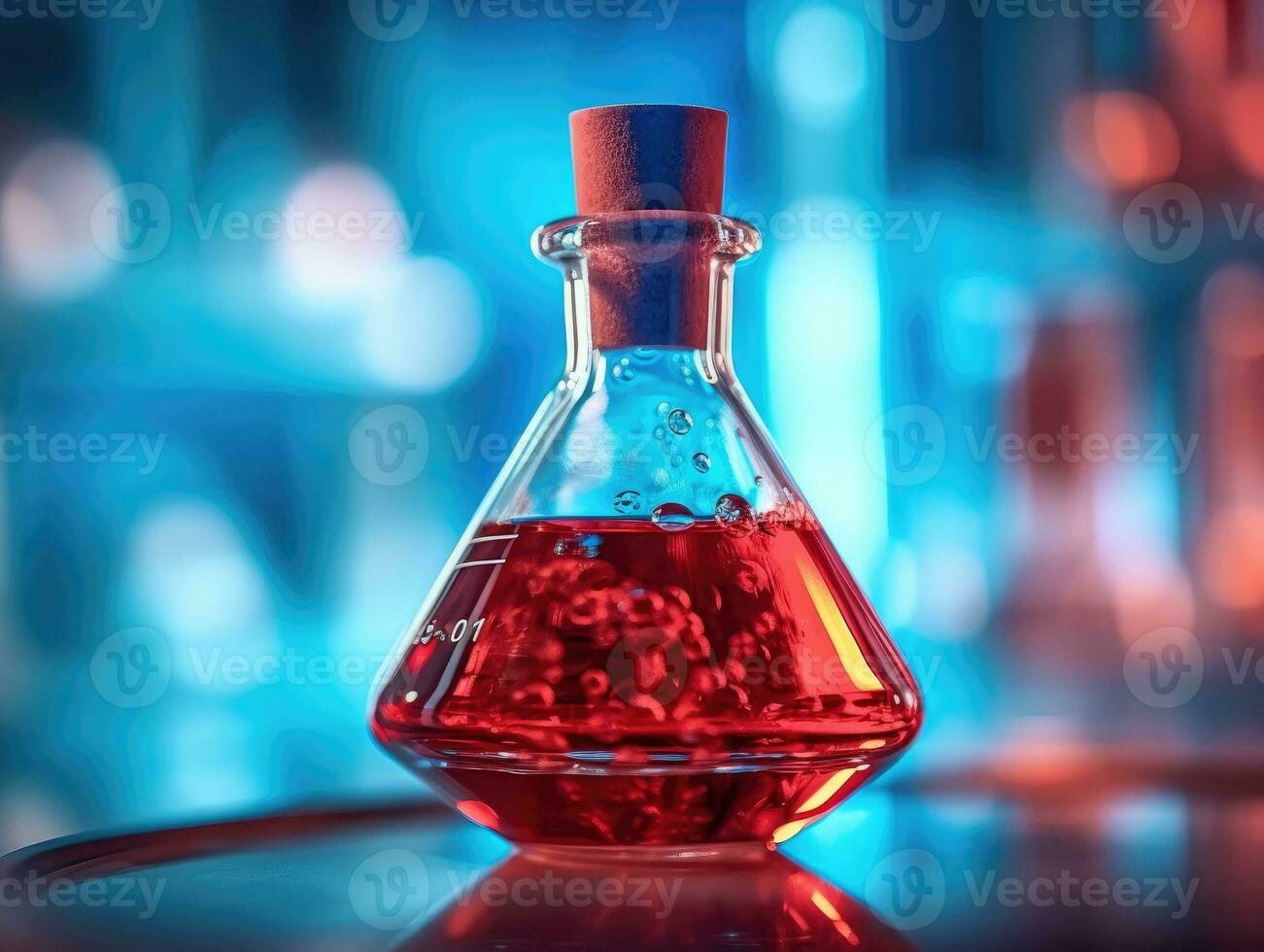 A close - up photo of a blue glass flask vial filled with a bright red chemical solution. Generative AI