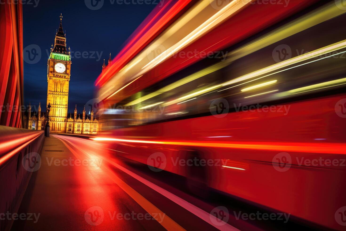 Close - up shot, charm of London at night as a red double - decker bus gracefully crosses. photo