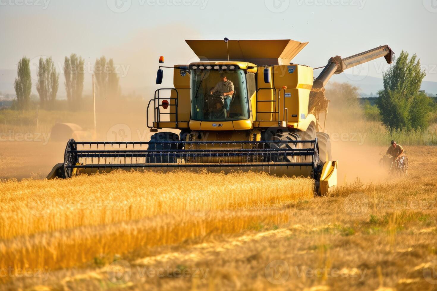 Modern industrial combine harvester working its way through vast wheat fields.  Generative AI photo