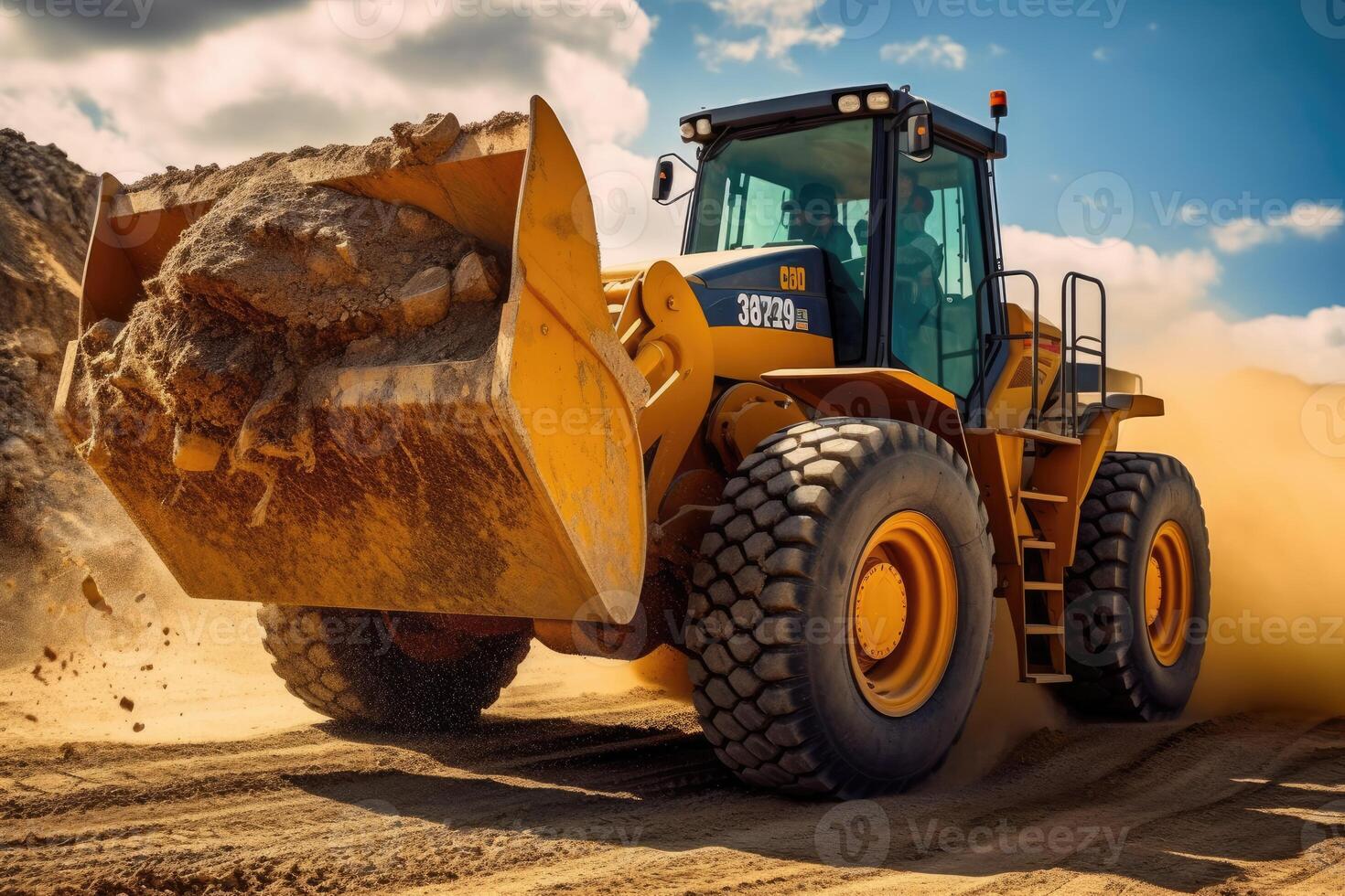 Power of a wheel loader in action at a quarry or construction site. photo