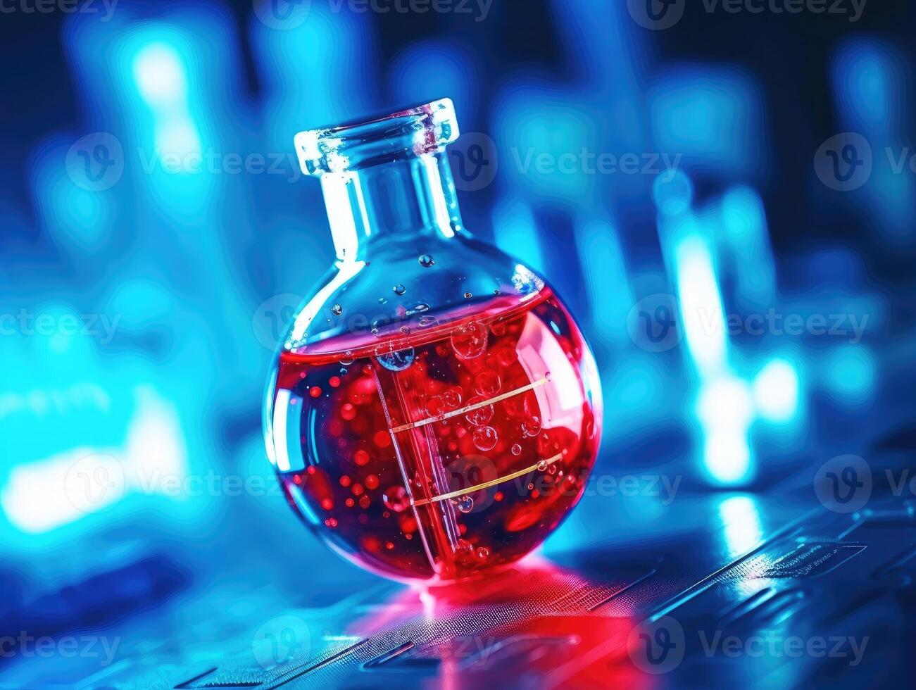 A close - up photo of a blue glass flask vial filled with a bright red chemical solution.
