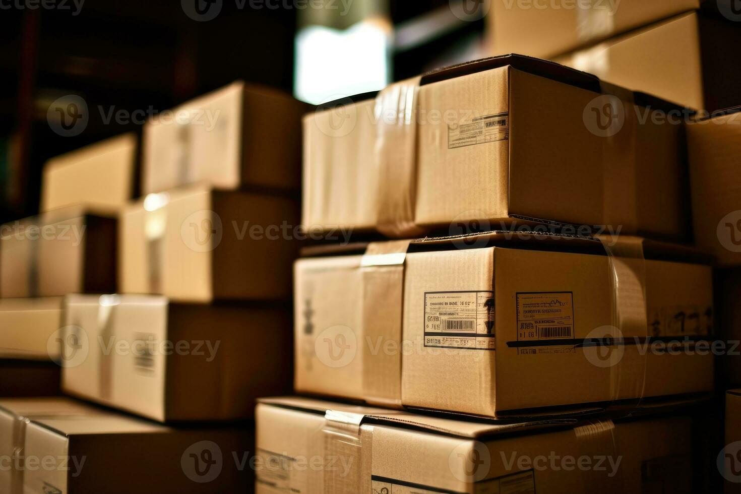 Close - up view of cardboard boxes neatly stacked, waiting to be moved into a new home. Generative AI photo