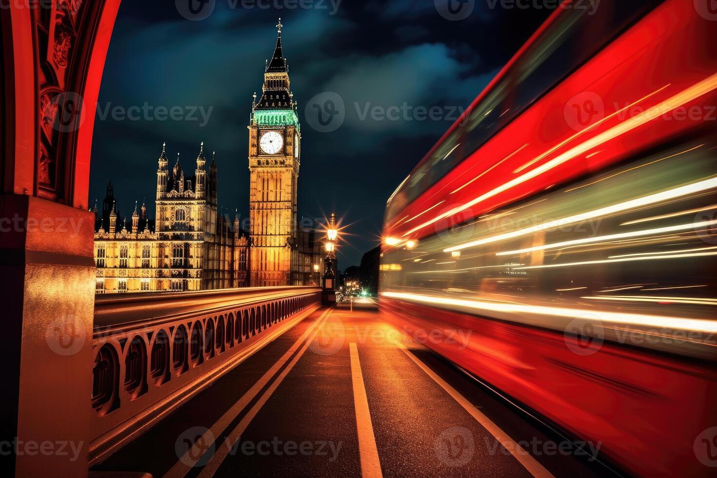 Close - up shot, charm of London at night as a red double - decker bus gracefully crosses. photo