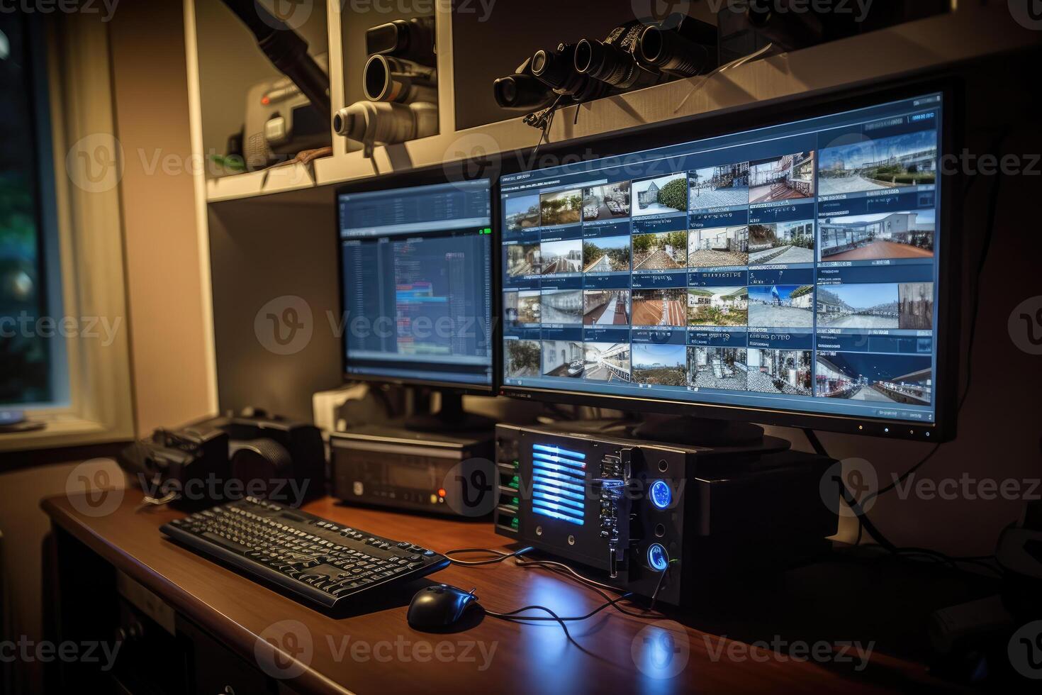 A close - up photo of a CCTV camera monitor displaying live footage from multiple security cameras around a private home.