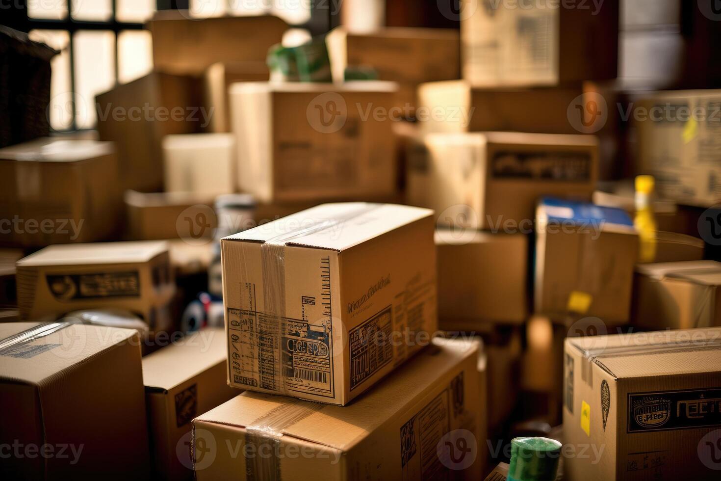 Close up view of cardboard boxes neatly stacked, waiting to be moved