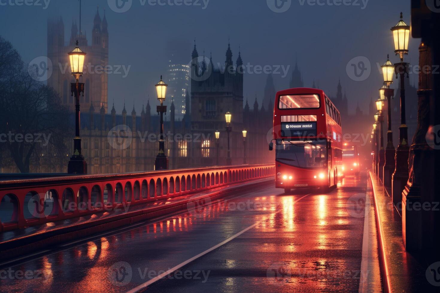 Close - up shot, charm of London at night as a red double - decker bus gracefully crosses. photo