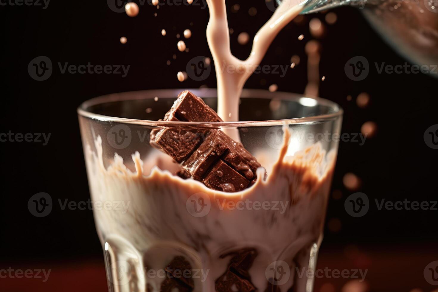 A close - up shot of a spoonful of chocolate syrup being drizzled into a glass of milk, creating a swirl of chocolate in the air. Generative AI photo