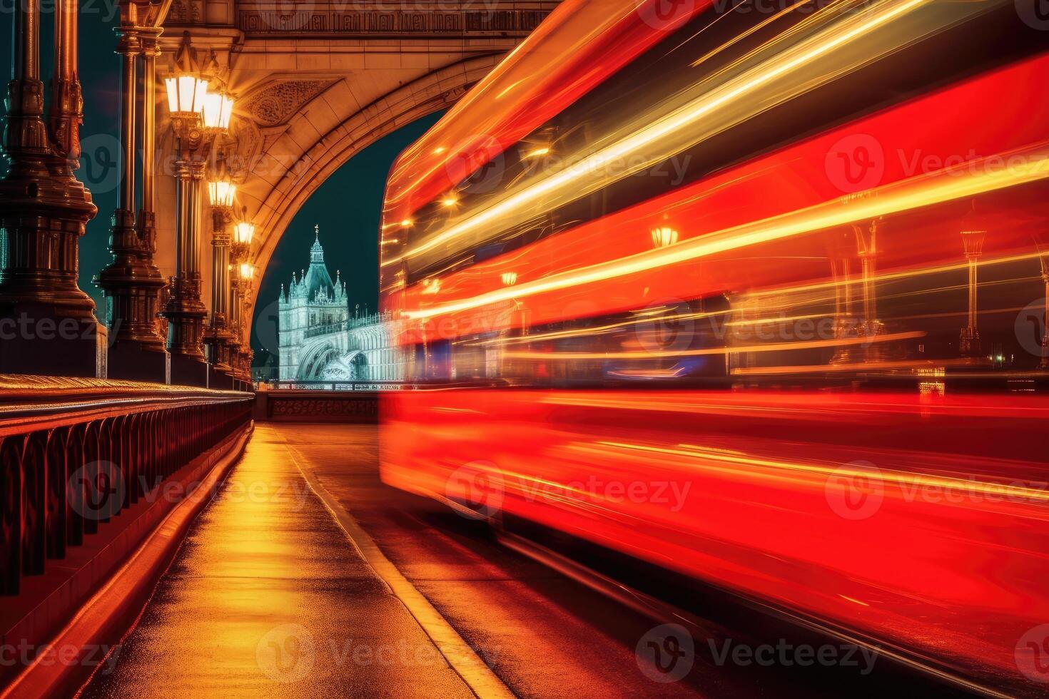 Close - up shot, charm of London at night as a red double - decker bus gracefully crosses. photo