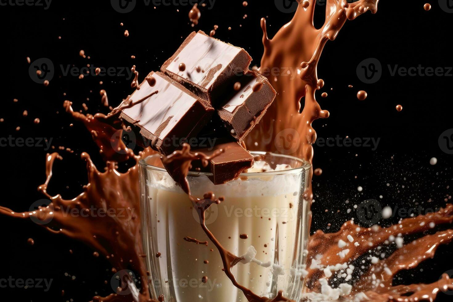 A close - up shot of a spoonful of chocolate syrup being drizzled into a glass of milk, creating a swirl of chocolate in the air. Generative AI photo