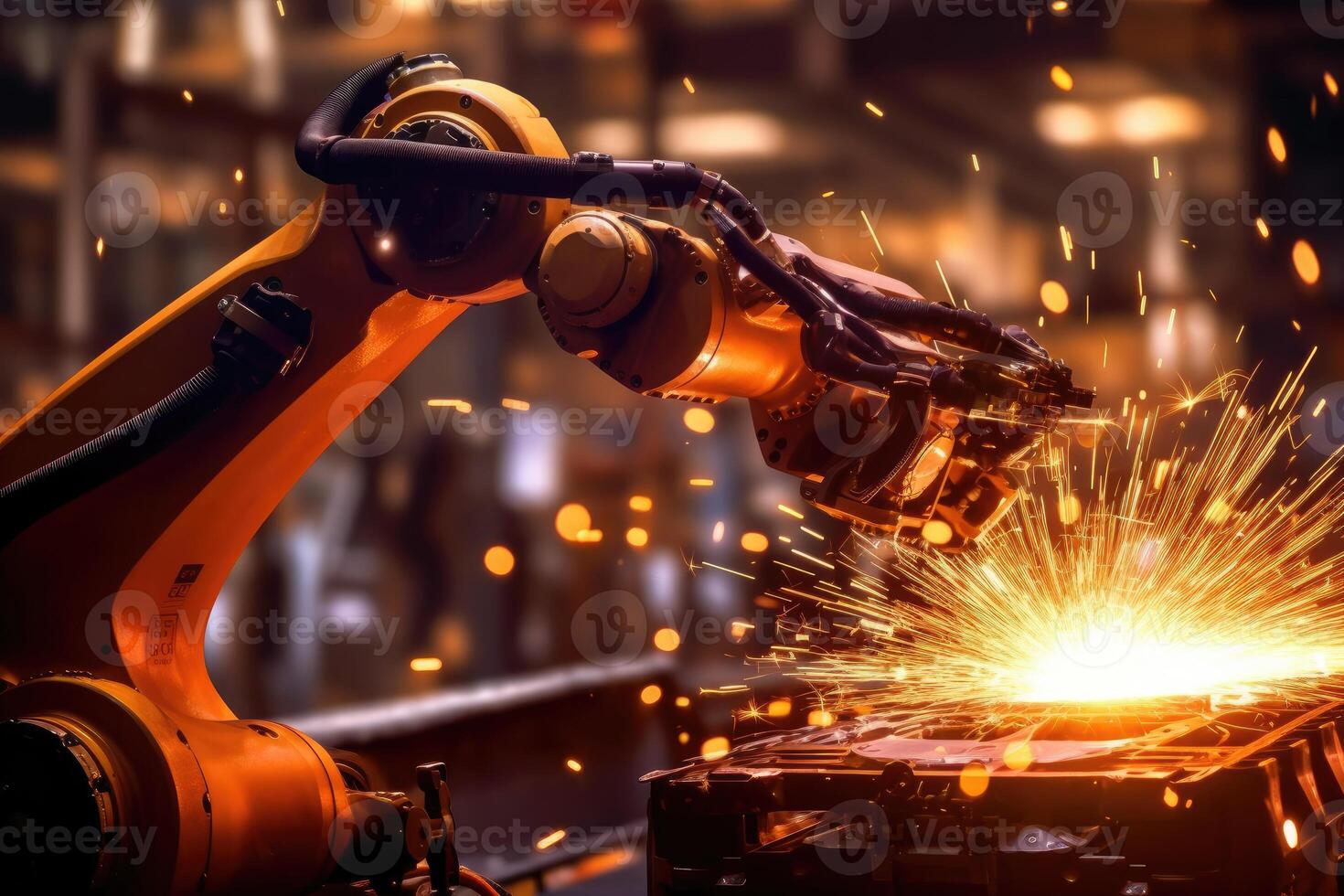 A close - up photo of a state - of - the - art assembly line in a car factory, showcasing the integration of automated robot arms and human workers.