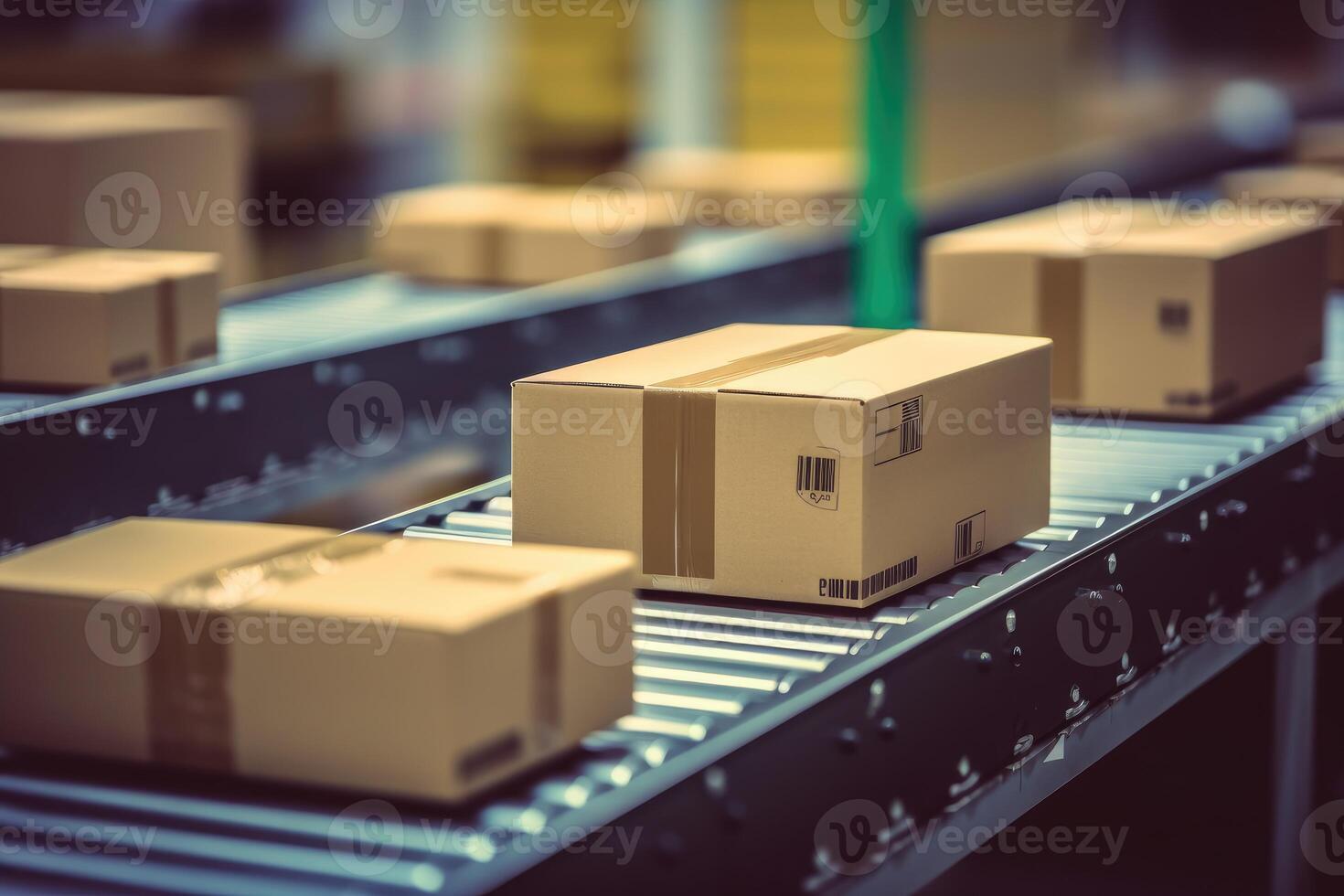 E - commerce fulfillment center by photographing a close - up of multiple cardboard box packages on a conveyor belt. Generative AI photo