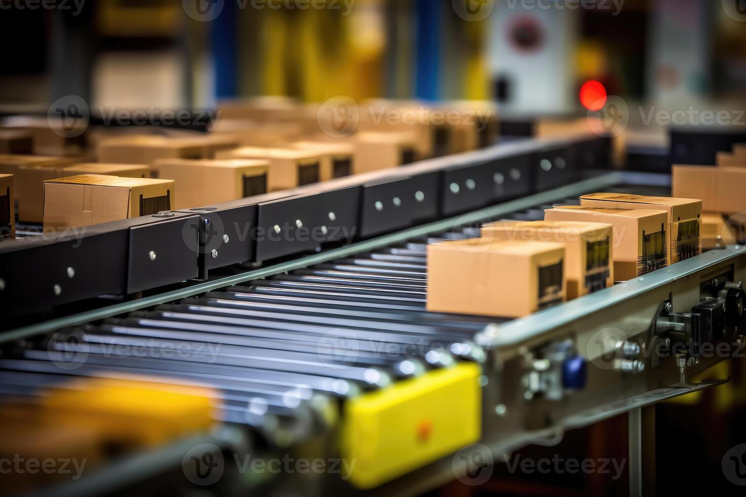 E - commerce fulfillment center by photographing a close - up of multiple cardboard box packages on a conveyor belt. Generative AI photo