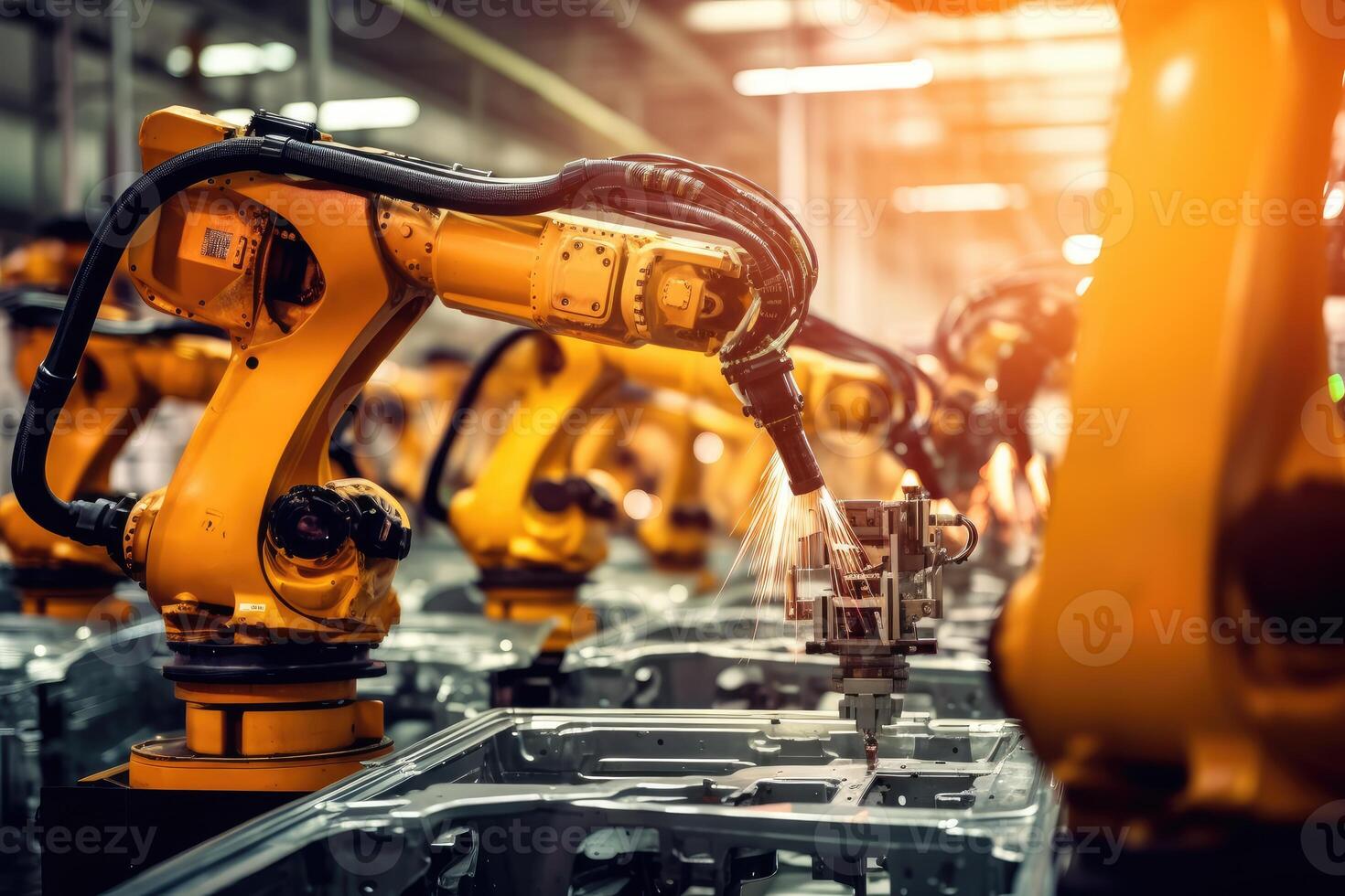 A close - up photo of a state - of - the - art assembly line in a car factory, showcasing the integration of automated robot arms and human workers.