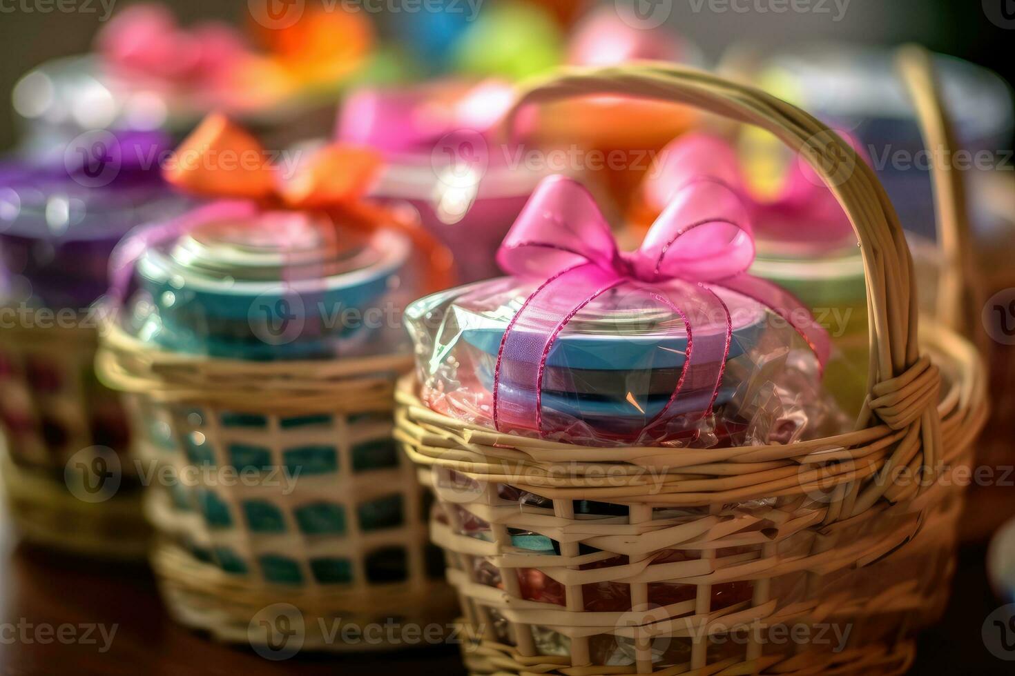 A close - up of birthday party favors in a basket. Generative AI photo