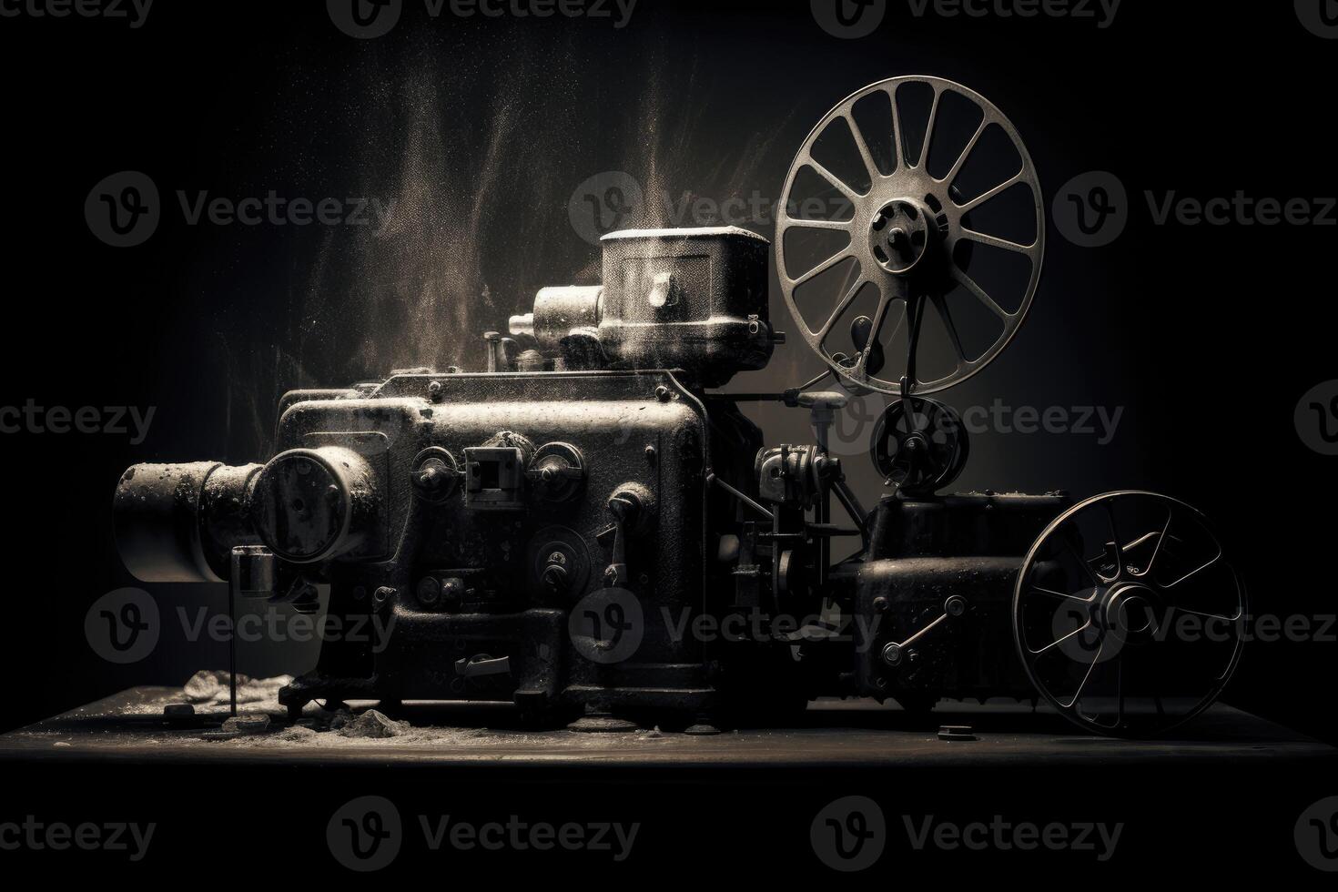 A cinematic, monochrome shot of an unattended vintage projector casting images onto the screen. photo