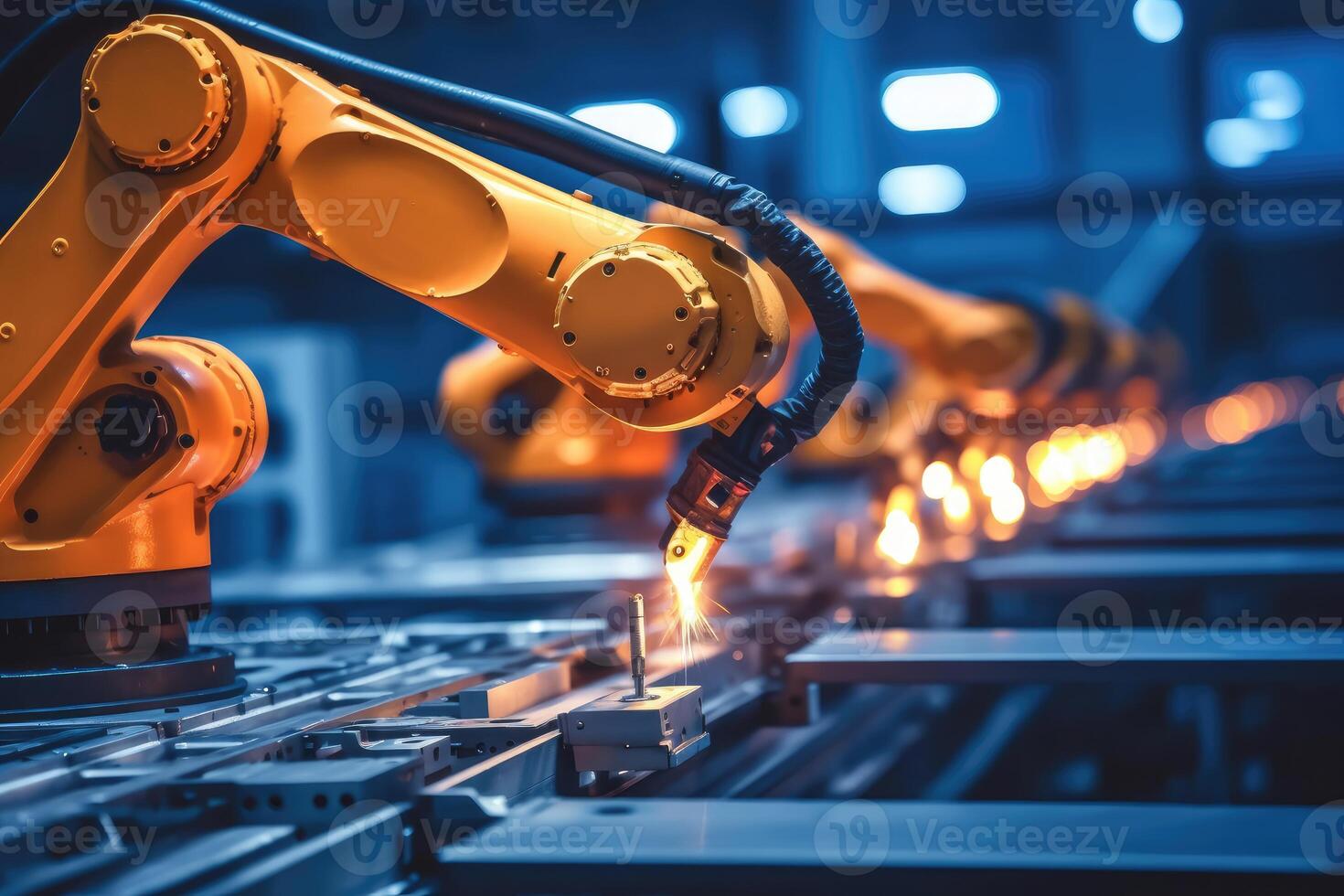 A close - up photo of a state - of - the - art assembly line in a car factory, showcasing the integration of automated robot arms and human workers.