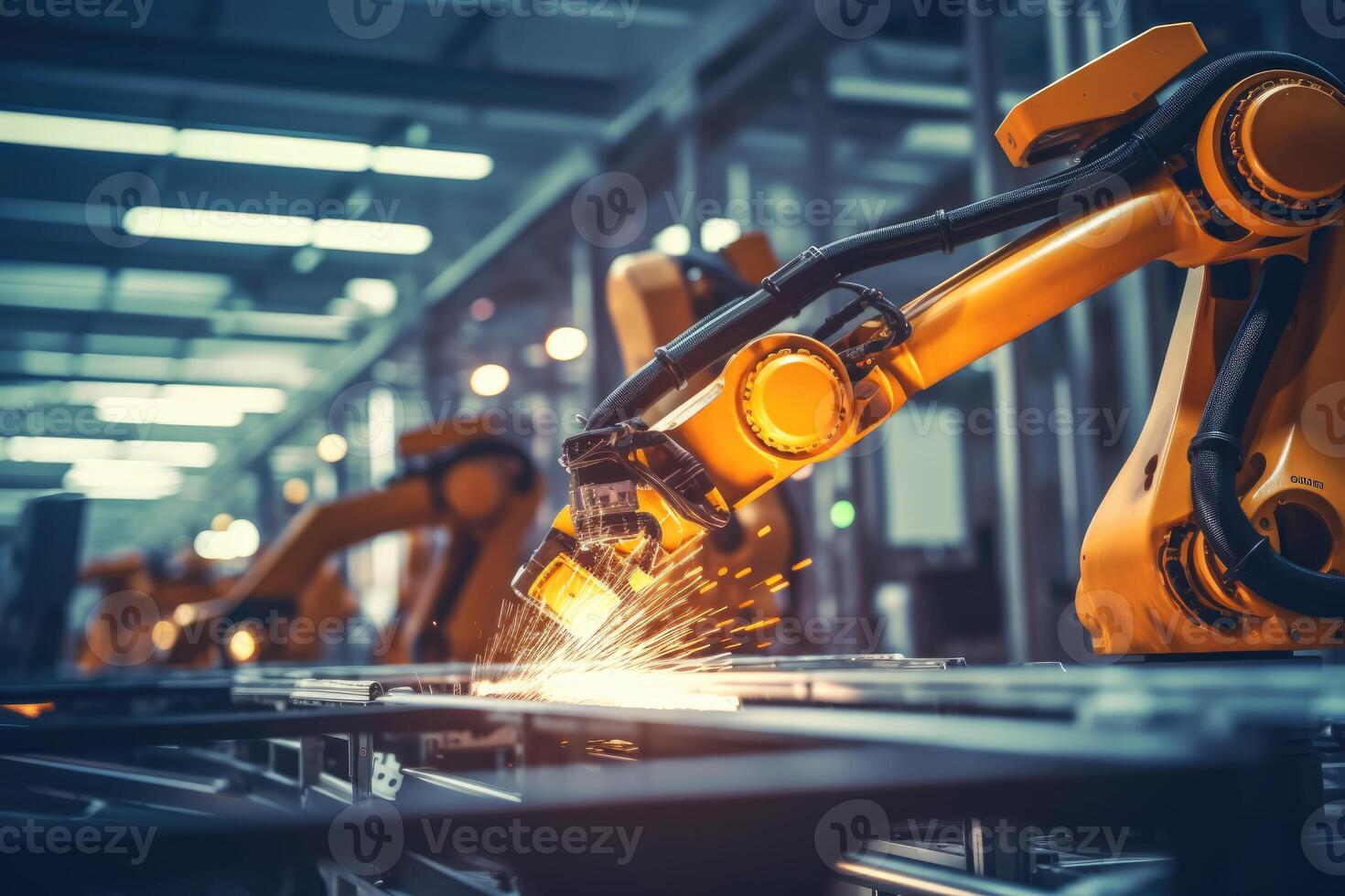 A close - up photo of a state - of - the - art assembly line in a car factory, showcasing the integration of automated robot arms and human workers.
