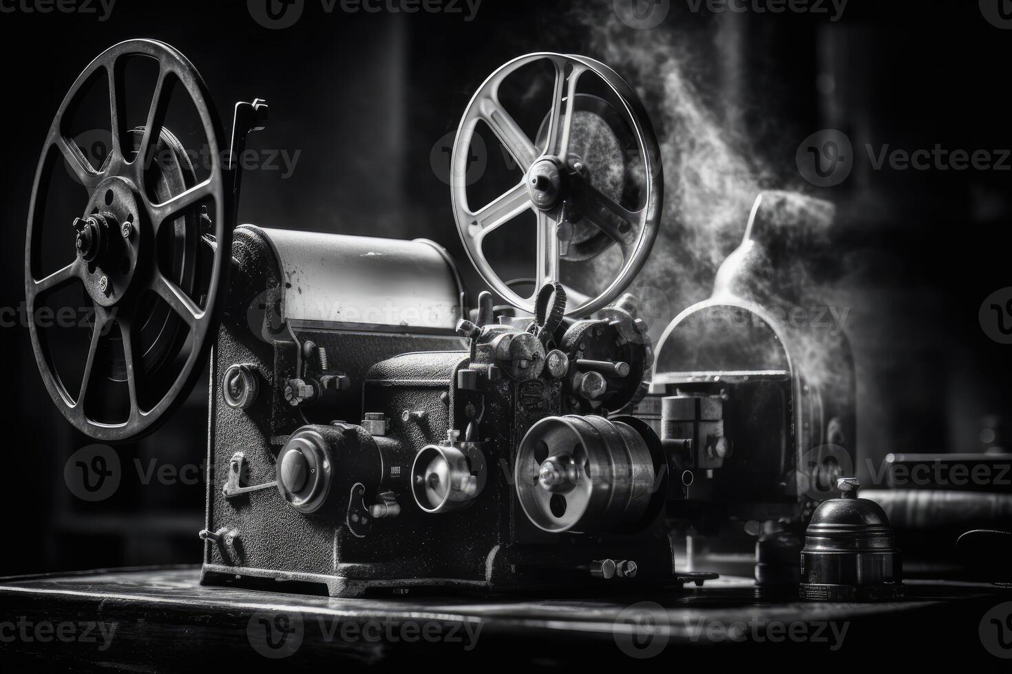 A cinematic, monochrome shot of an unattended vintage projector casting images onto the screen. photo
